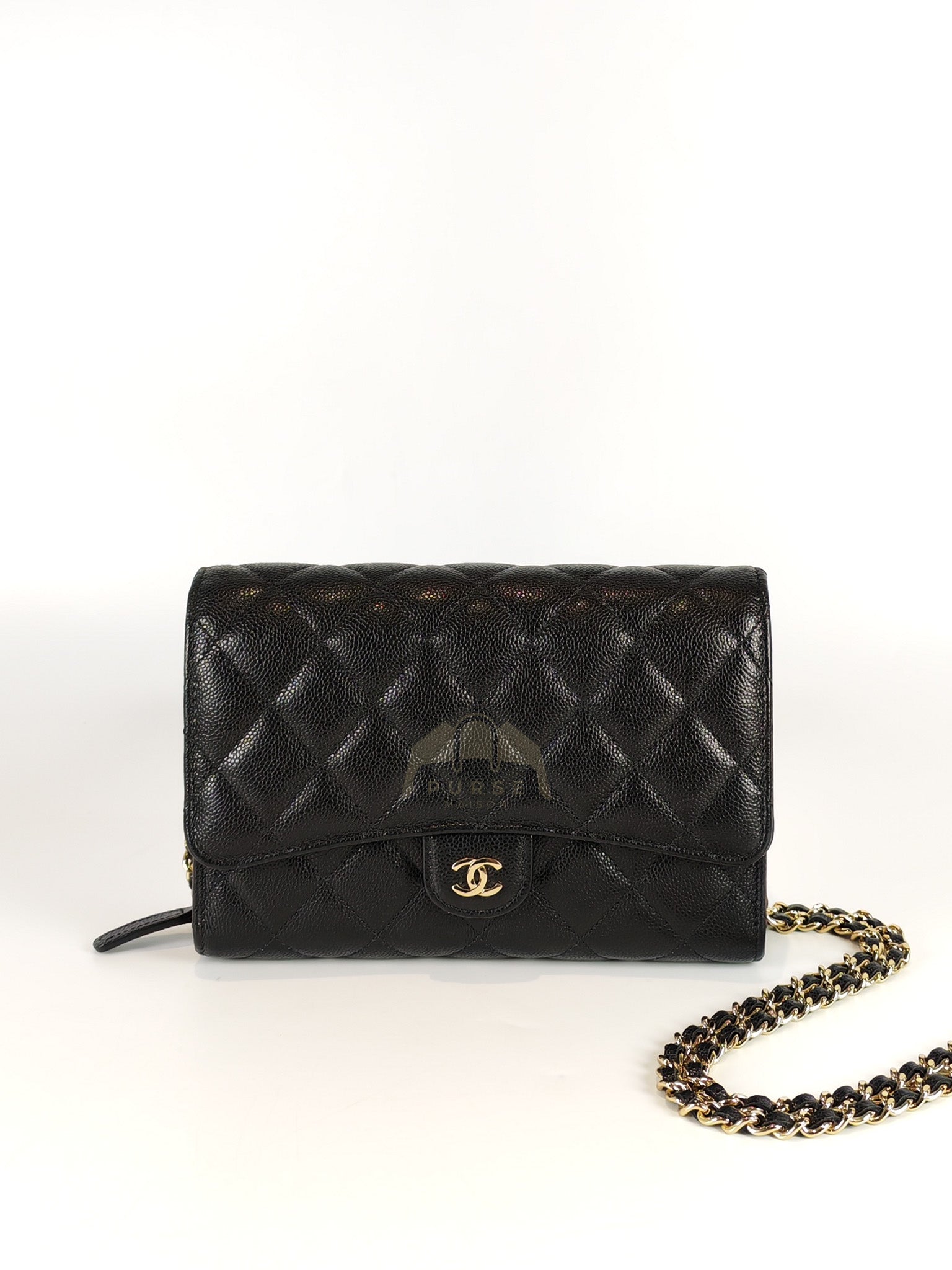 Classic Clutch On Chain in Black Caviar Leather and Light Gold Hardware (Microchip | Purse Maison Luxury Bags Shop
