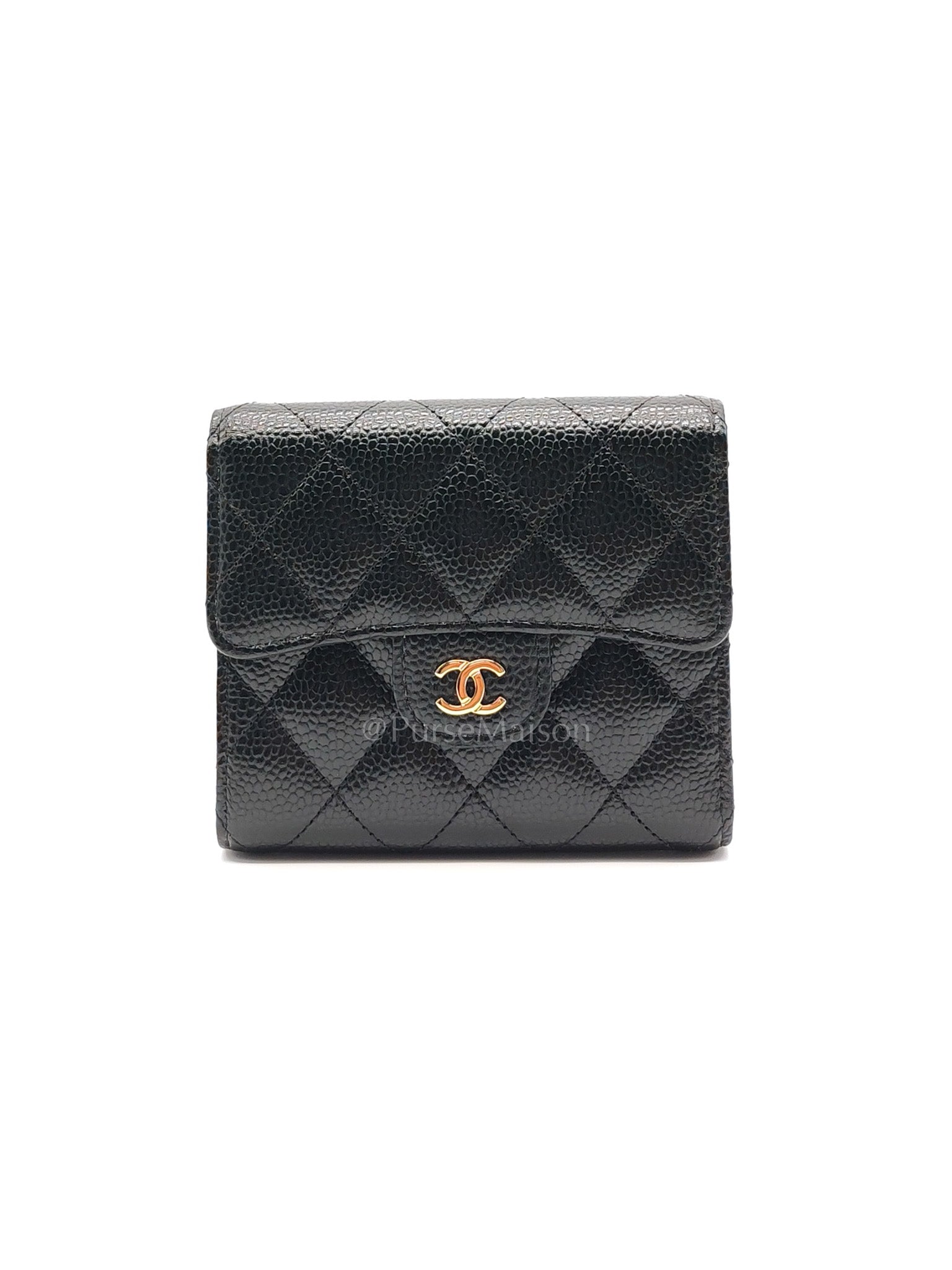 Classic Compact Wallet in Black Quilted Caviar Leather and Gold Hardware (Microchip) | Purse Maison Luxury Bags Shop