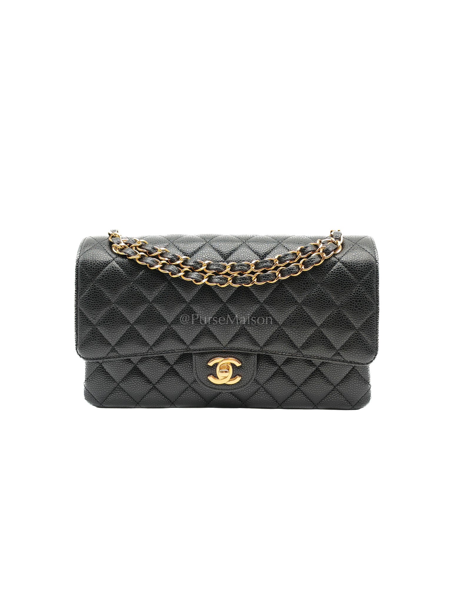 Classic Double Flap Bag Medium in Black Quilted Caviar Leather and Gold Hardware Microchip | Purse Maison Luxury Bags Shop