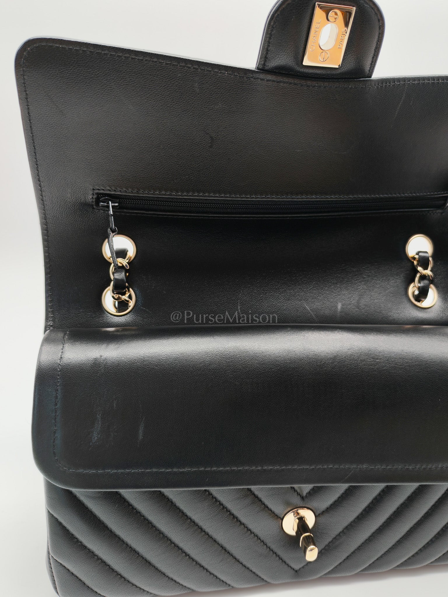 Classic Double Flap in Black Chevron Lambskin Leather and Light Gold Hardware Series 24 | Purse Maison Luxury Bags Shop