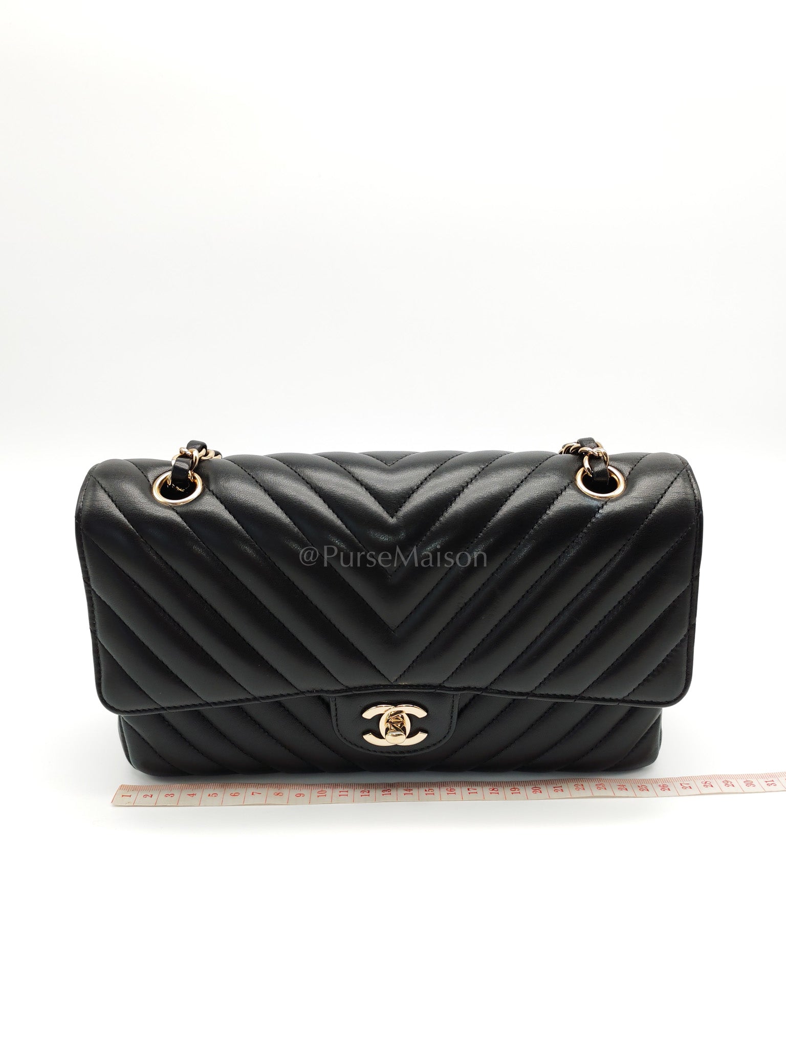 Classic Double Flap in Black Chevron Lambskin Leather and Light Gold Hardware Series 24 | Purse Maison Luxury Bags Shop