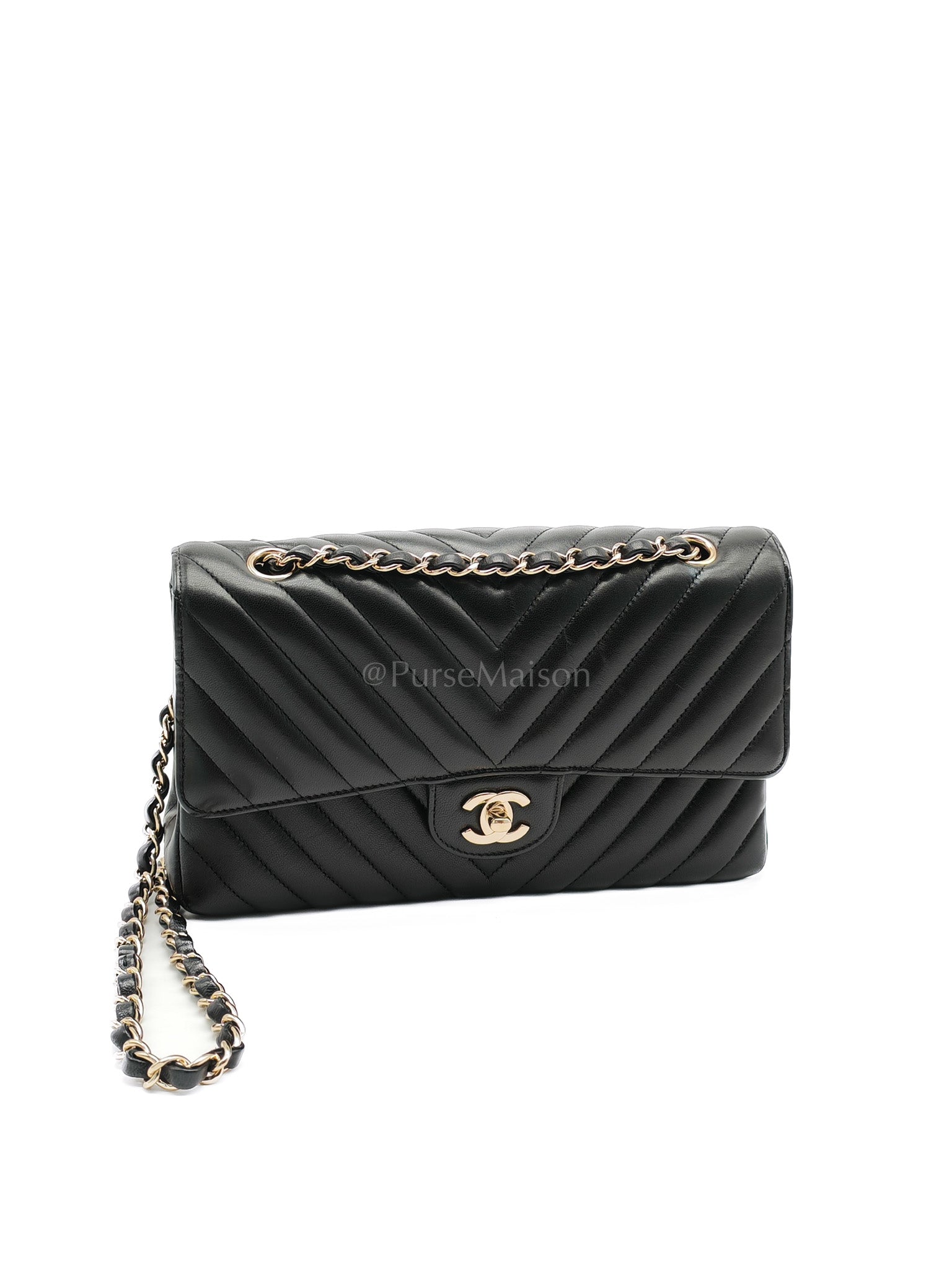 Classic Double Flap in Black Chevron Lambskin Leather and Light Gold Hardware Series 24 | Purse Maison Luxury Bags Shop