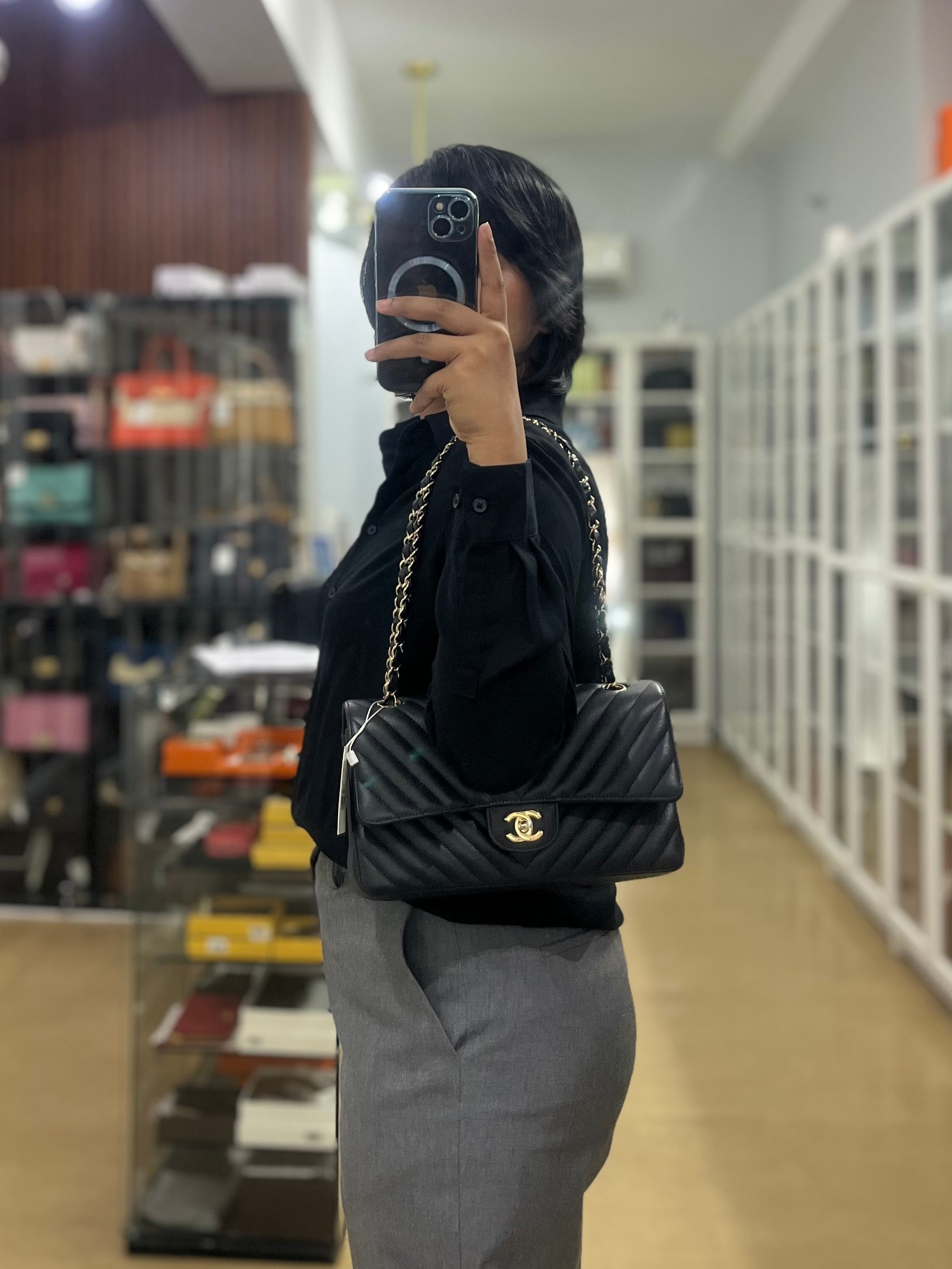 Classic Double Flap Medium Chevron Calfskin Leather and Gold Hardware Series 31 | Purse Maison Luxury Bags Shop