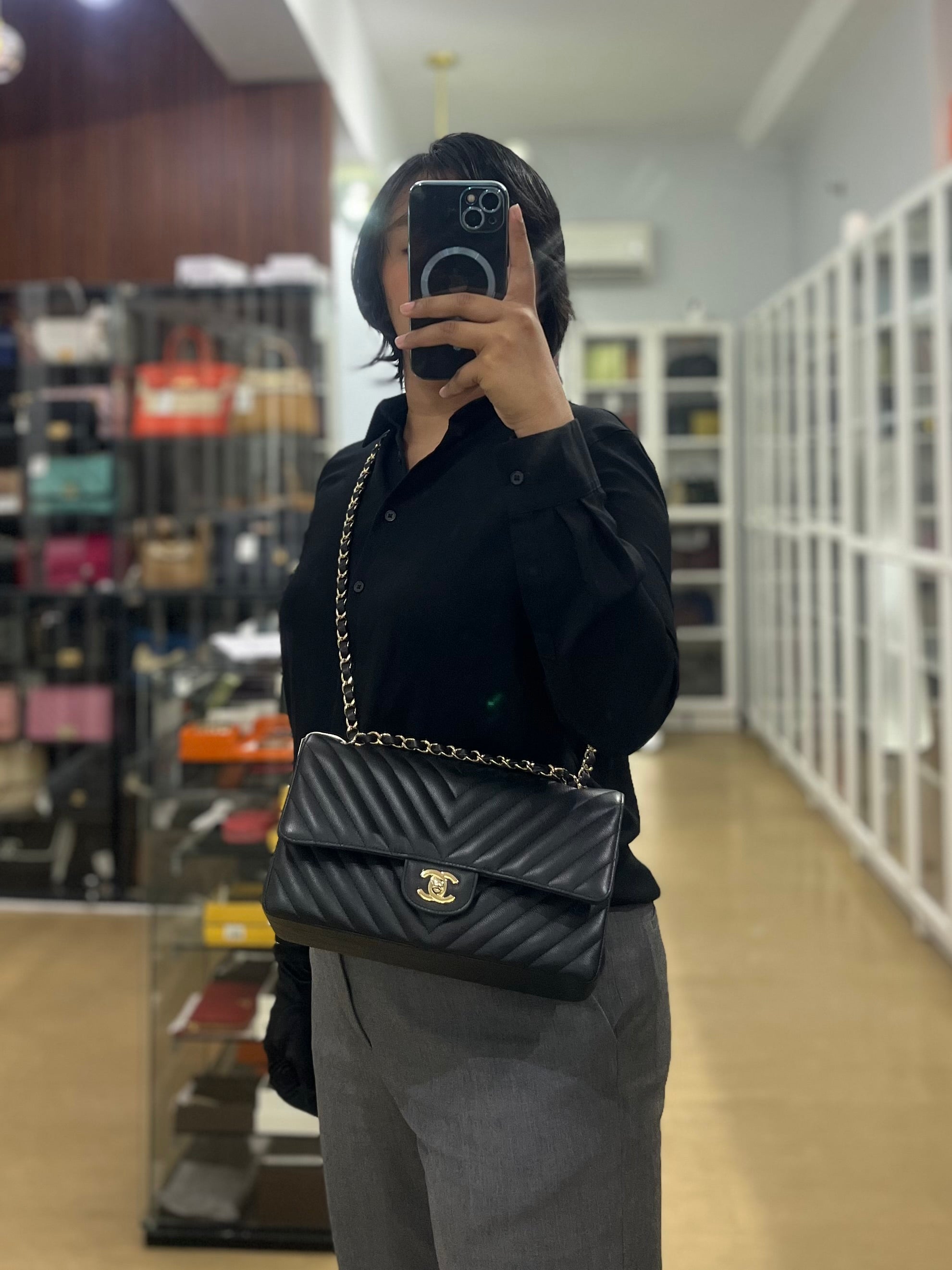 Classic Double Flap Medium Chevron Calfskin Leather and Gold Hardware Series 31 | Purse Maison Luxury Bags Shop