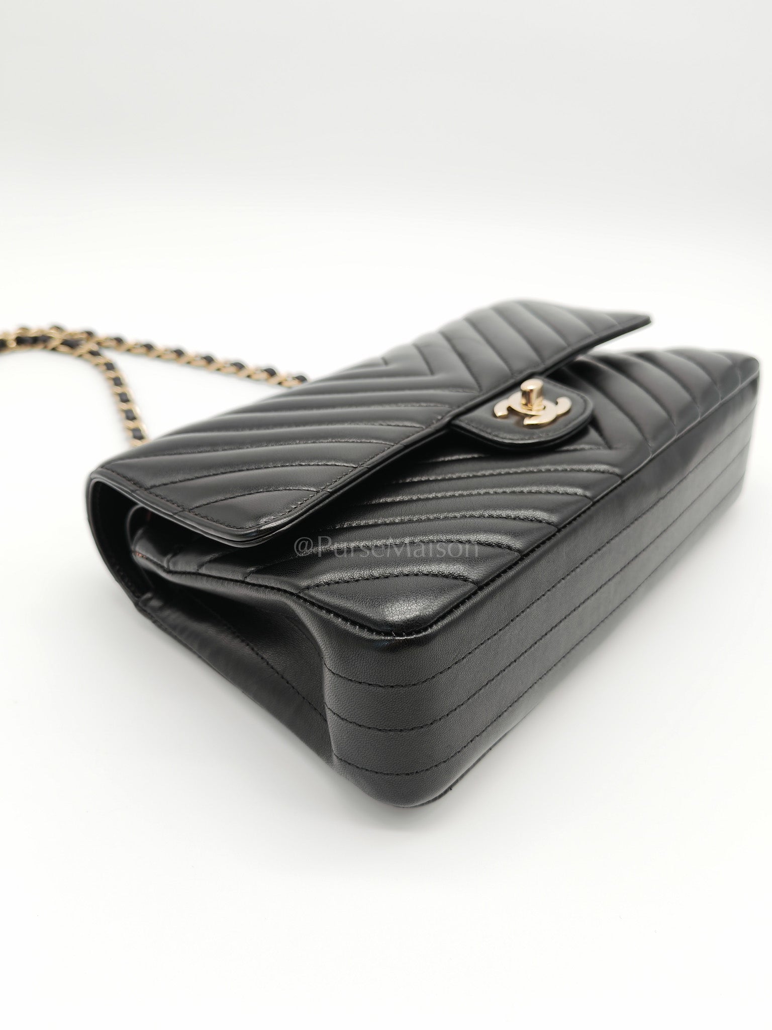 Classic Double Flap in Black Chevron Lambskin Leather and Light Gold Hardware Series 24 | Purse Maison Luxury Bags Shop
