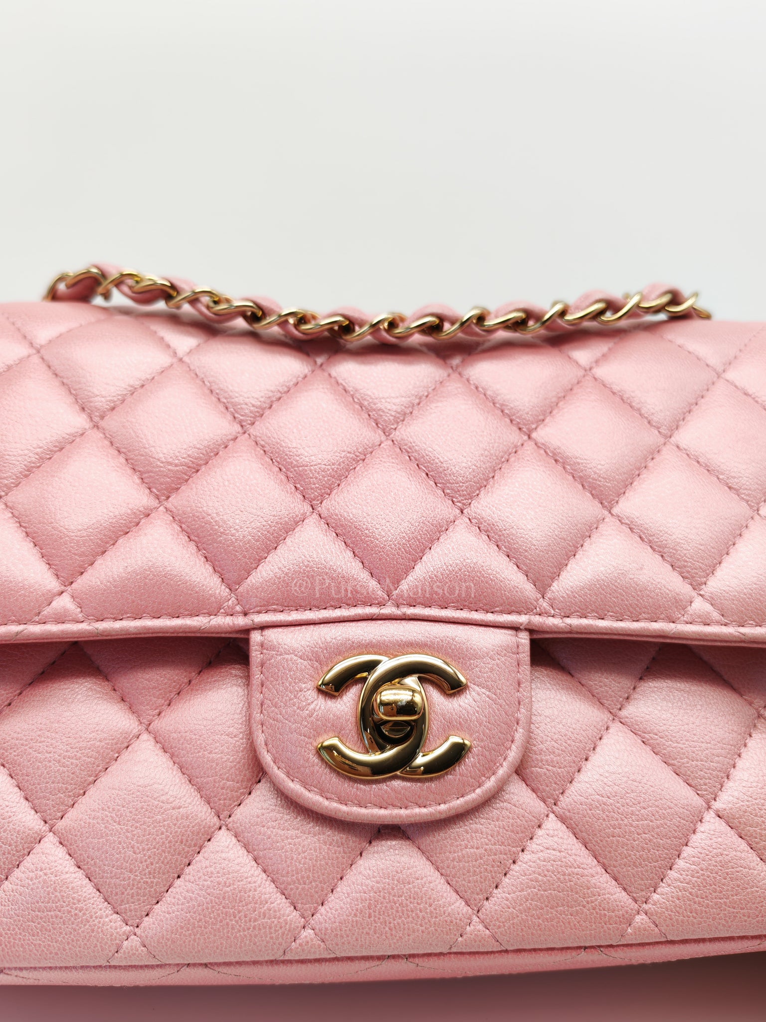 Classic Double Flap in Iridescent Pink Quilted Calfskin Leather and Gold Hardware (Microchip) | Purse Maison Luxury Bags Shop