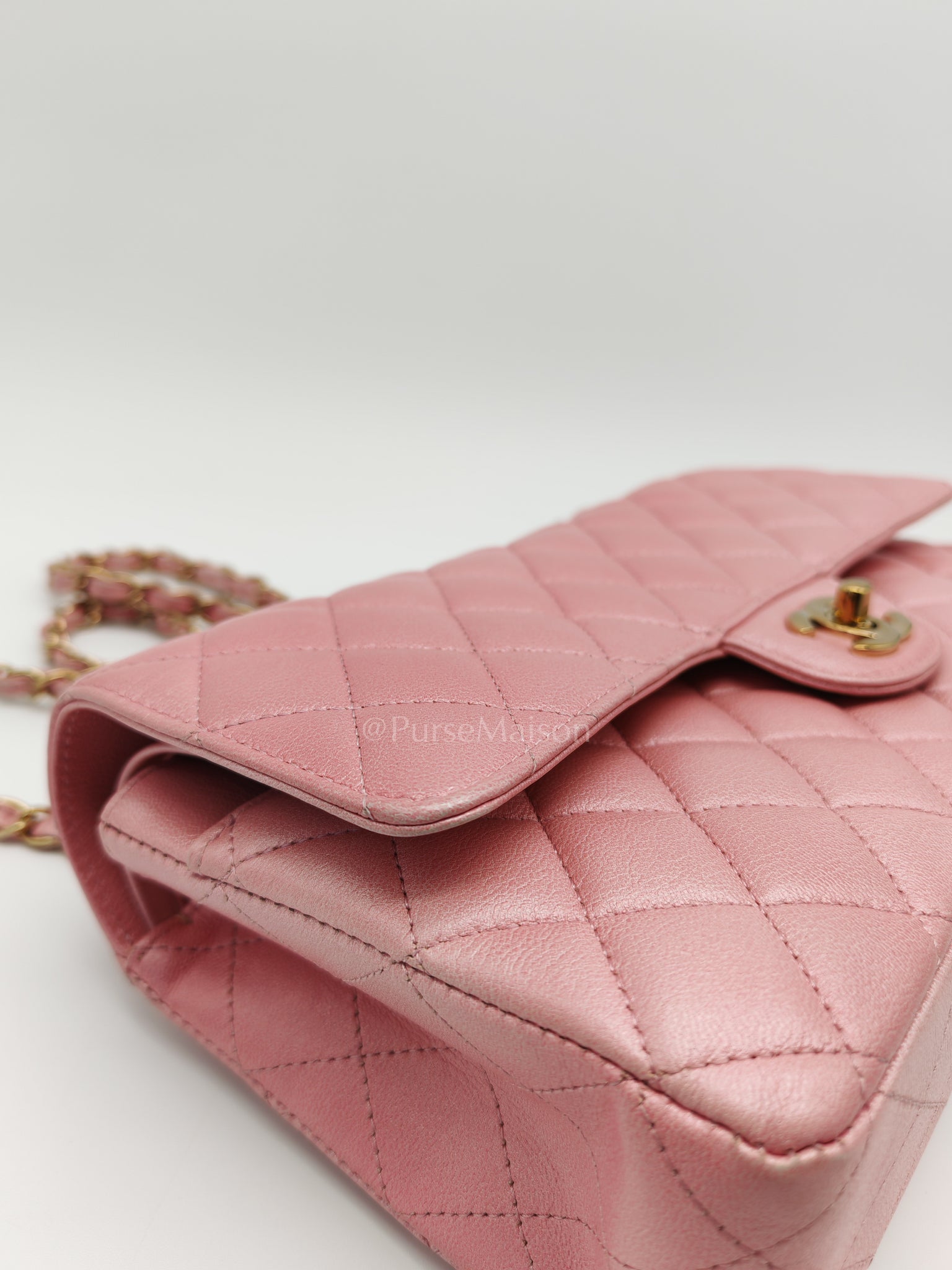 Classic Double Flap in Iridescent Pink Quilted Calfskin Leather and Gold Hardware (Microchip) | Purse Maison Luxury Bags Shop