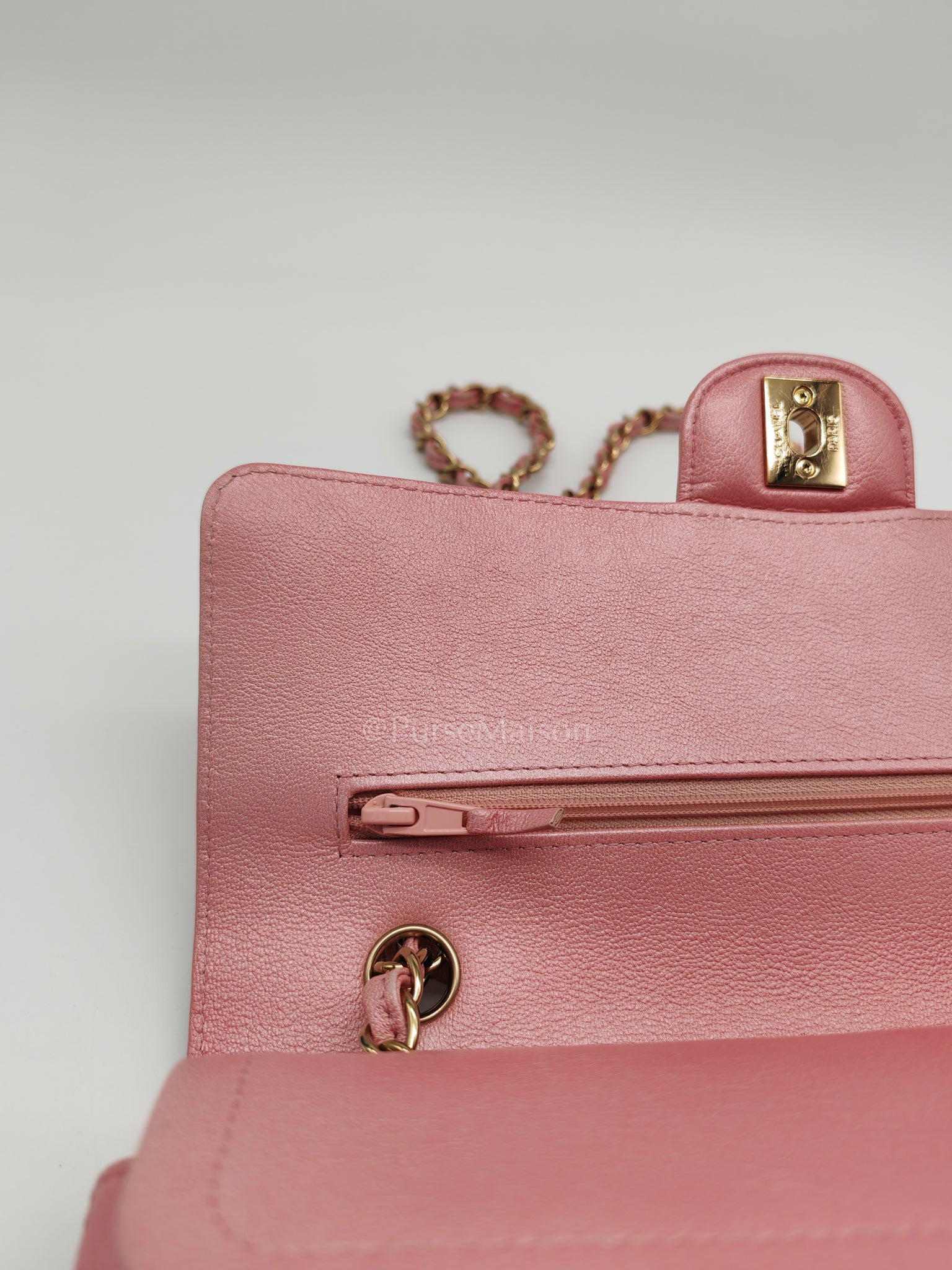 Classic Double Flap in Iridescent Pink Quilted Calfskin Leather and Gold Hardware (Microchip) | Purse Maison Luxury Bags Shop