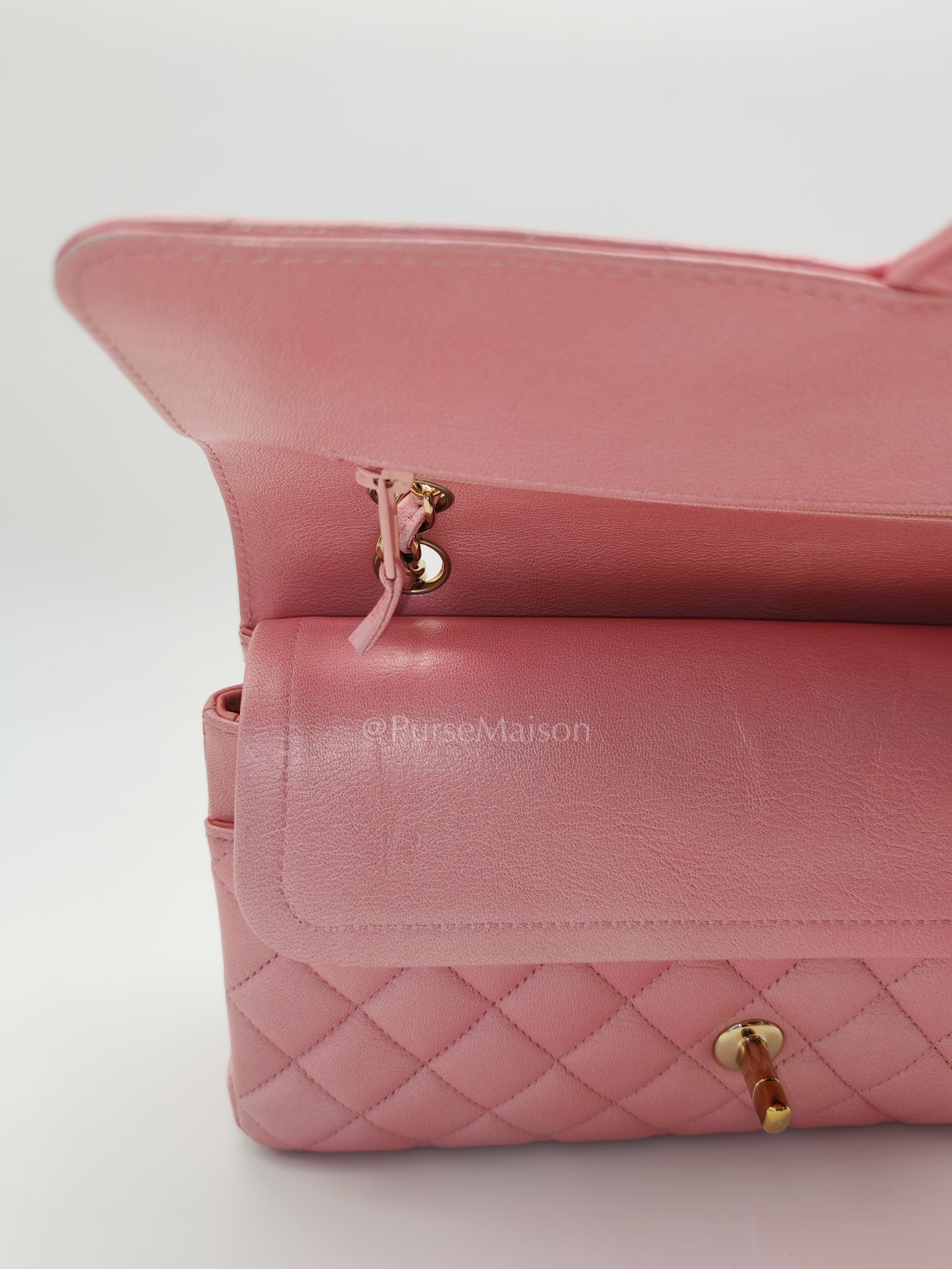 Classic Double Flap in Iridescent Pink Quilted Calfskin Leather and Gold Hardware (Microchip) | Purse Maison Luxury Bags Shop