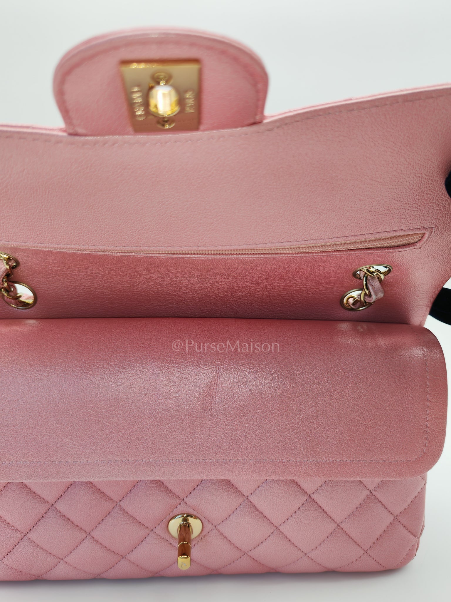 Classic Double Flap in Iridescent Pink Quilted Calfskin Leather and Gold Hardware (Microchip) | Purse Maison Luxury Bags Shop
