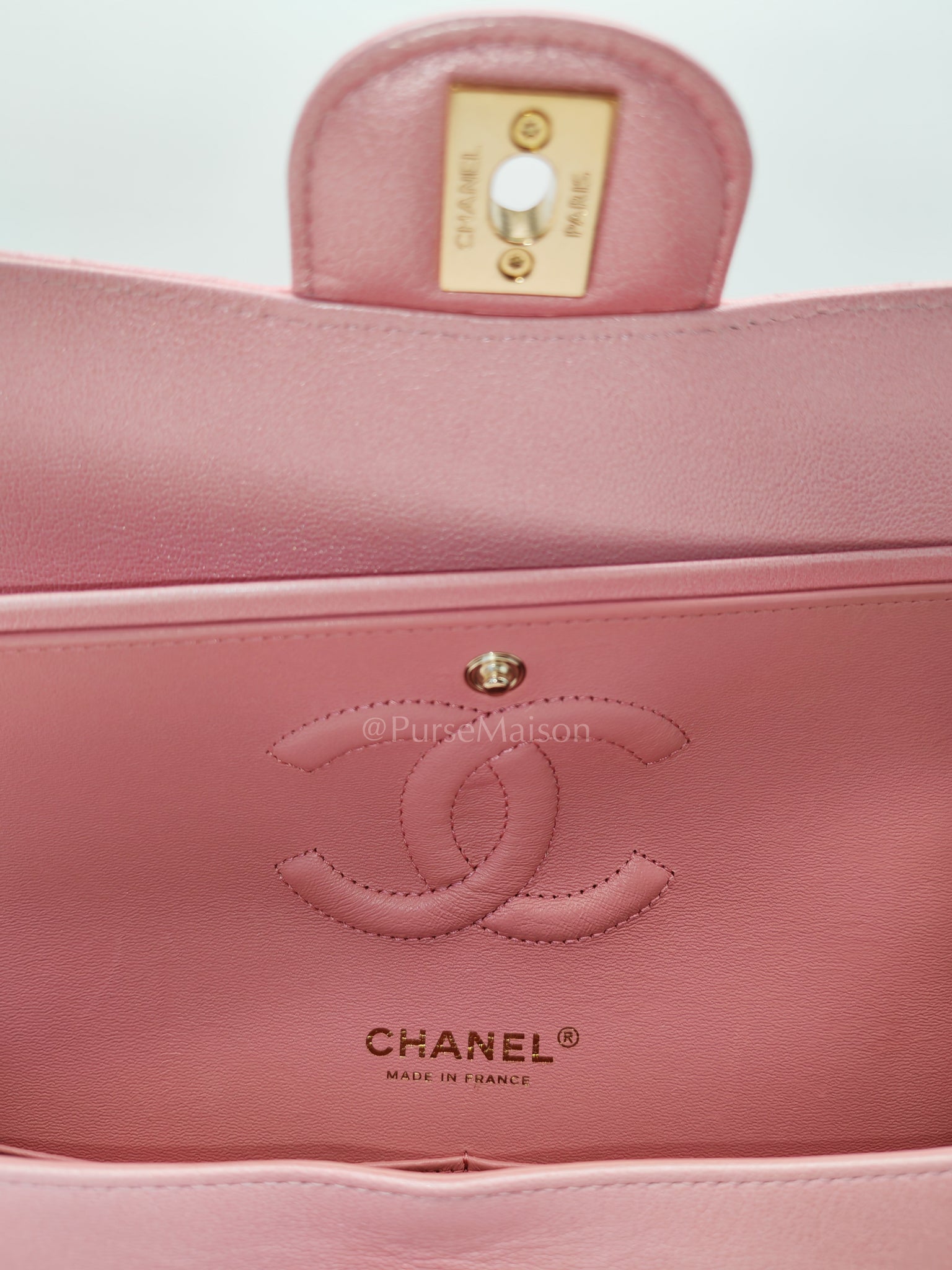 Classic Double Flap in Iridescent Pink Quilted Calfskin Leather and Gold Hardware (Microchip) | Purse Maison Luxury Bags Shop