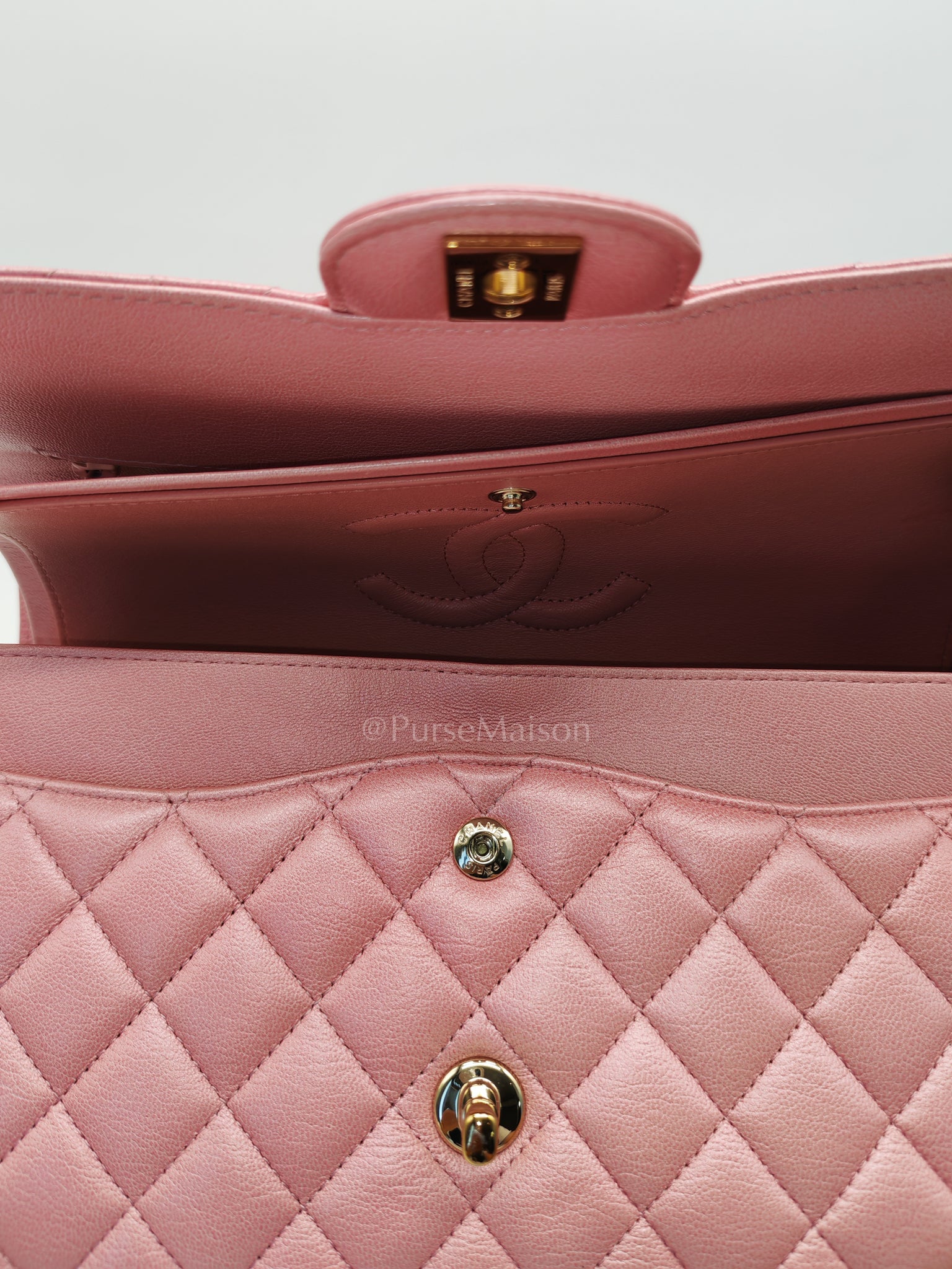 Classic Double Flap in Iridescent Pink Quilted Calfskin Leather and Gold Hardware (Microchip) | Purse Maison Luxury Bags Shop