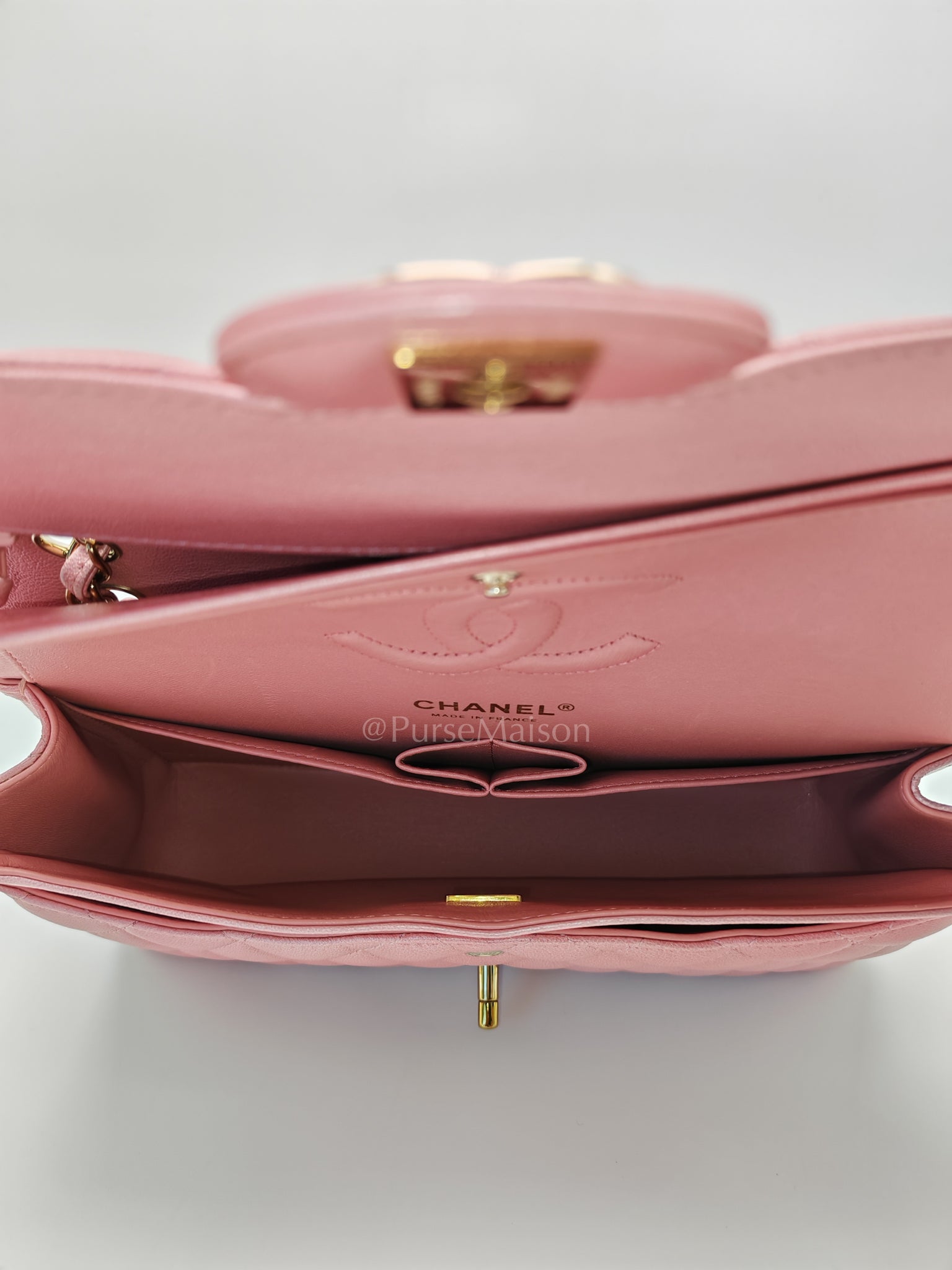 Classic Double Flap in Iridescent Pink Quilted Calfskin Leather and Gold Hardware (Microchip) | Purse Maison Luxury Bags Shop