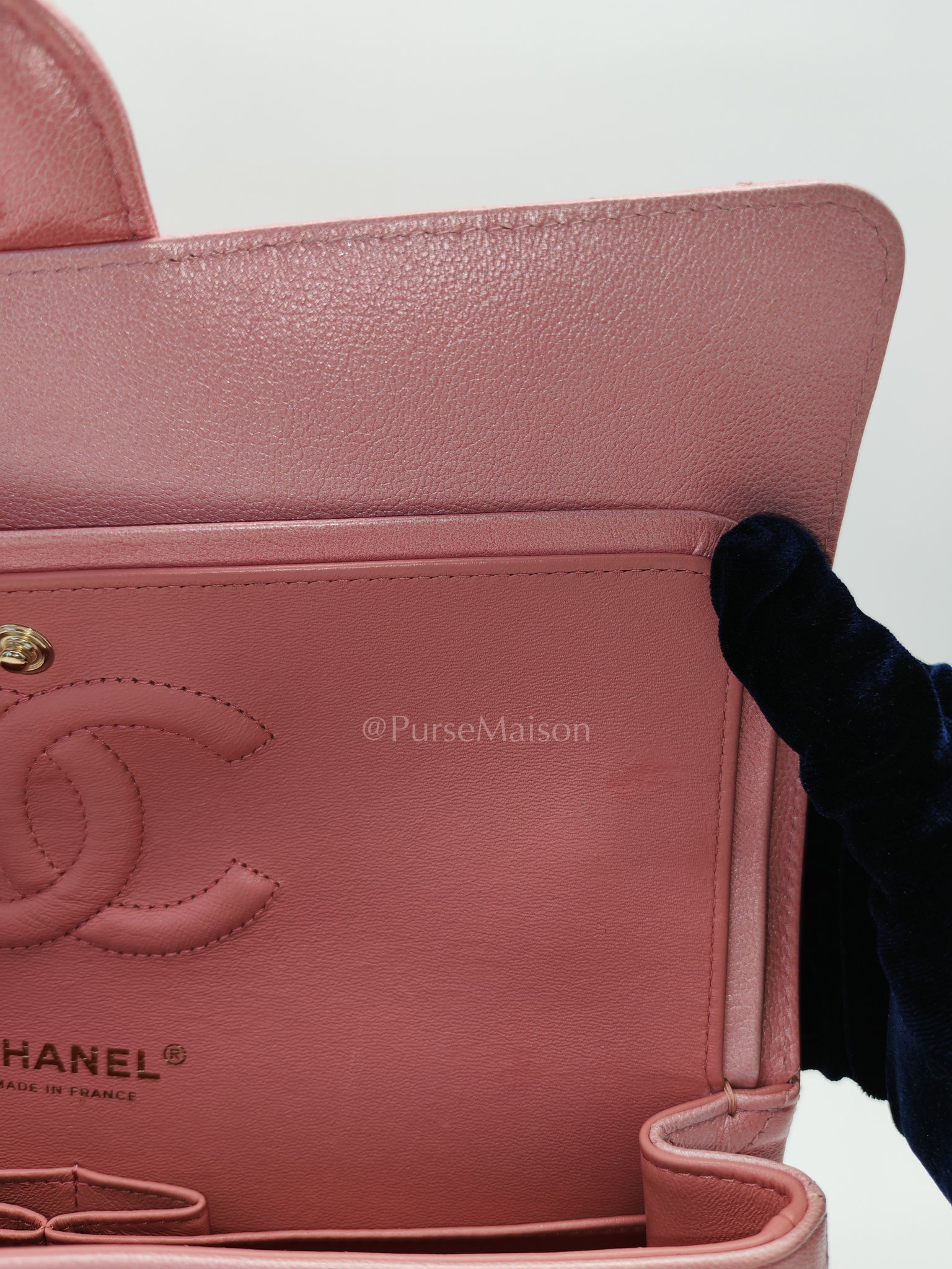 Classic Double Flap in Iridescent Pink Quilted Calfskin Leather and Gold Hardware (Microchip) | Purse Maison Luxury Bags Shop