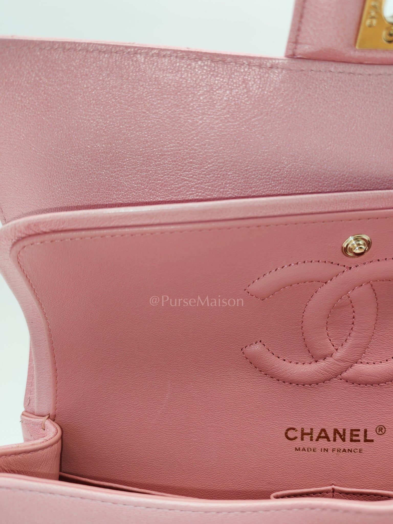 Classic Double Flap in Iridescent Pink Quilted Calfskin Leather and Gold Hardware (Microchip) | Purse Maison Luxury Bags Shop