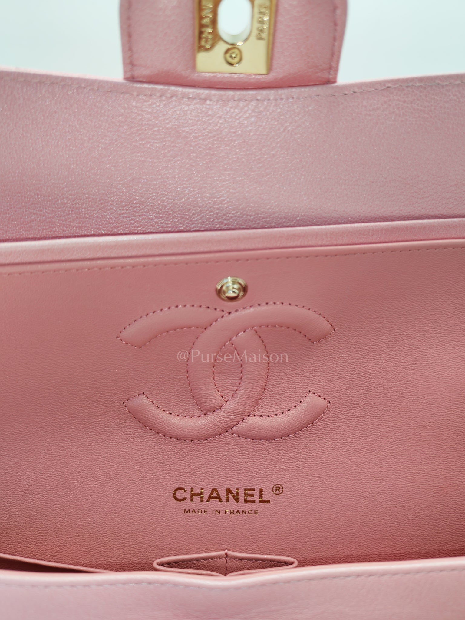 Classic Double Flap in Iridescent Pink Quilted Calfskin Leather and Gold Hardware (Microchip) | Purse Maison Luxury Bags Shop