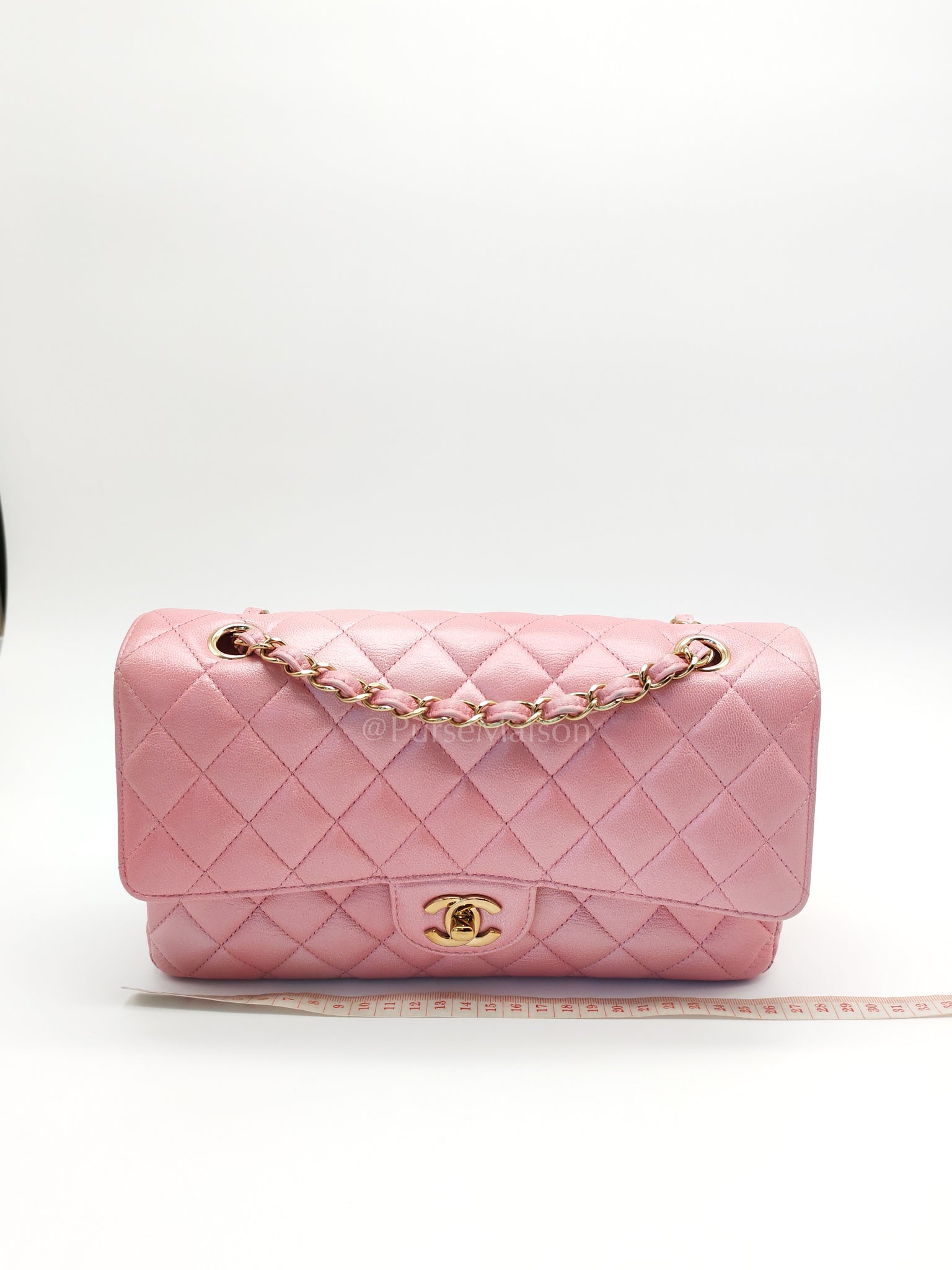 Classic Double Flap in Iridescent Pink Quilted Calfskin Leather and Gold Hardware (Microchip) | Purse Maison Luxury Bags Shop