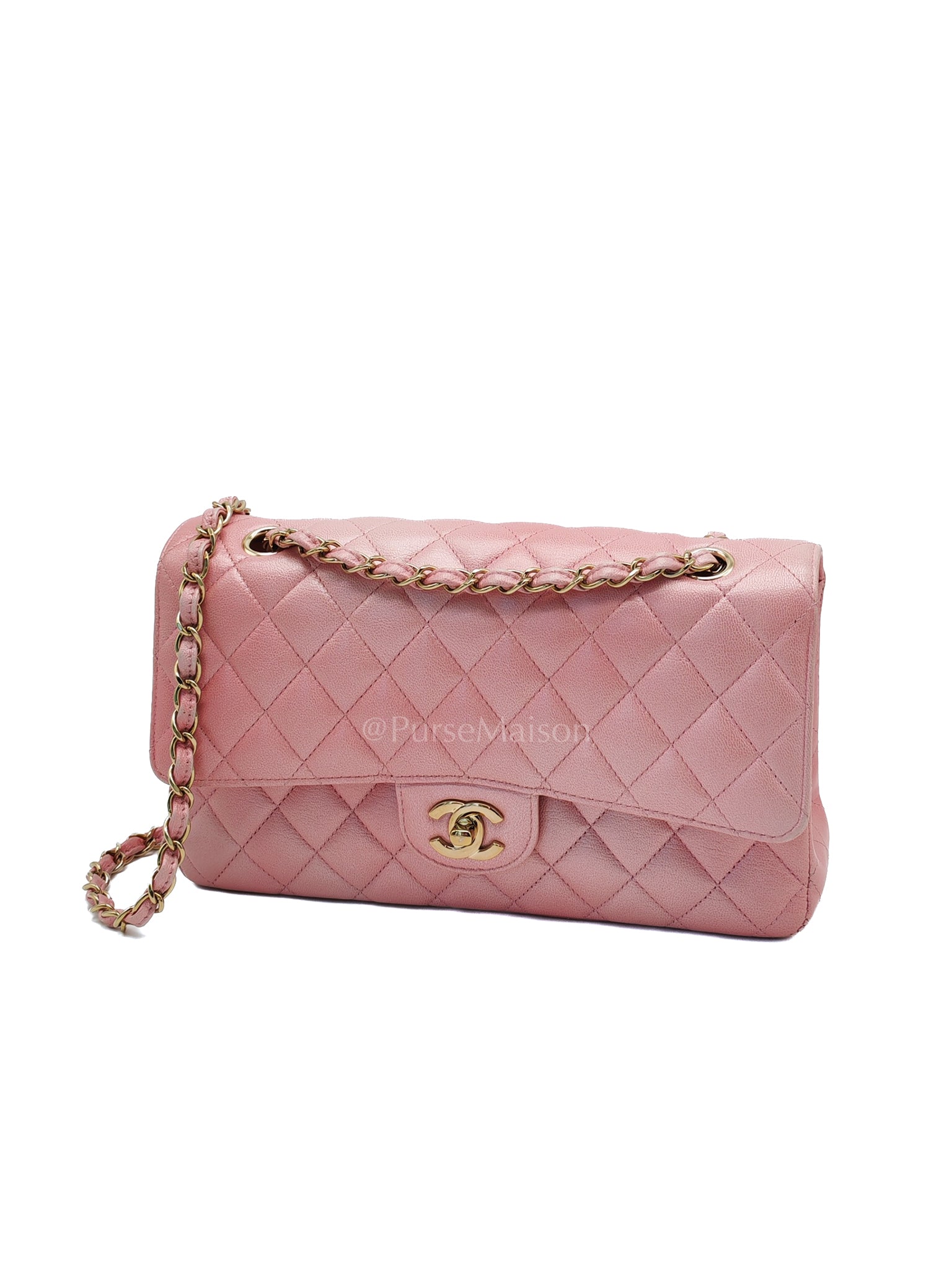Classic Double Flap in Iridescent Pink Quilted Calfskin Leather and Gold Hardware (Microchip) | Purse Maison Luxury Bags Shop