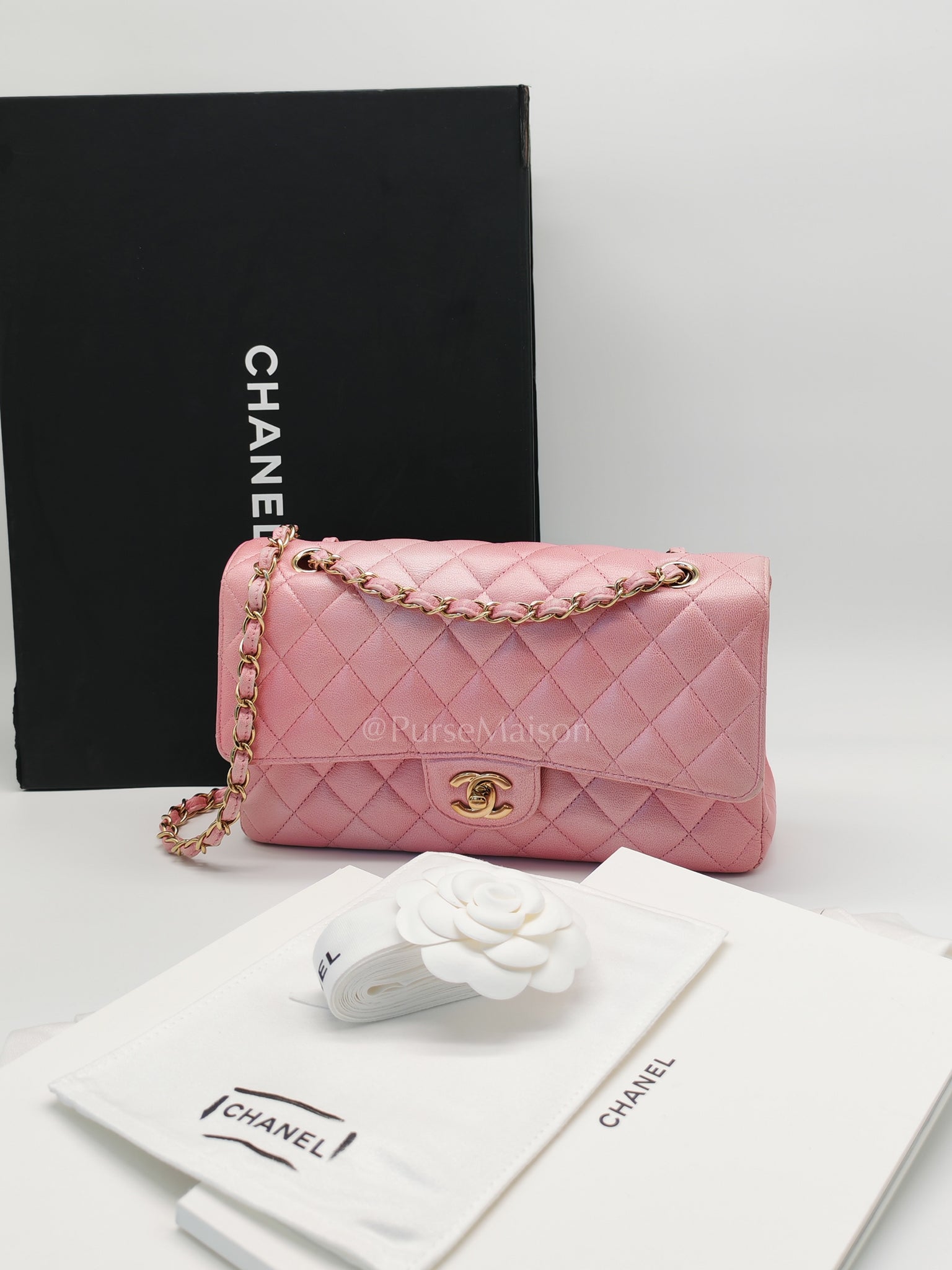 Classic Double Flap in Iridescent Pink Quilted Calfskin Leather and Gold Hardware (Microchip) | Purse Maison Luxury Bags Shop