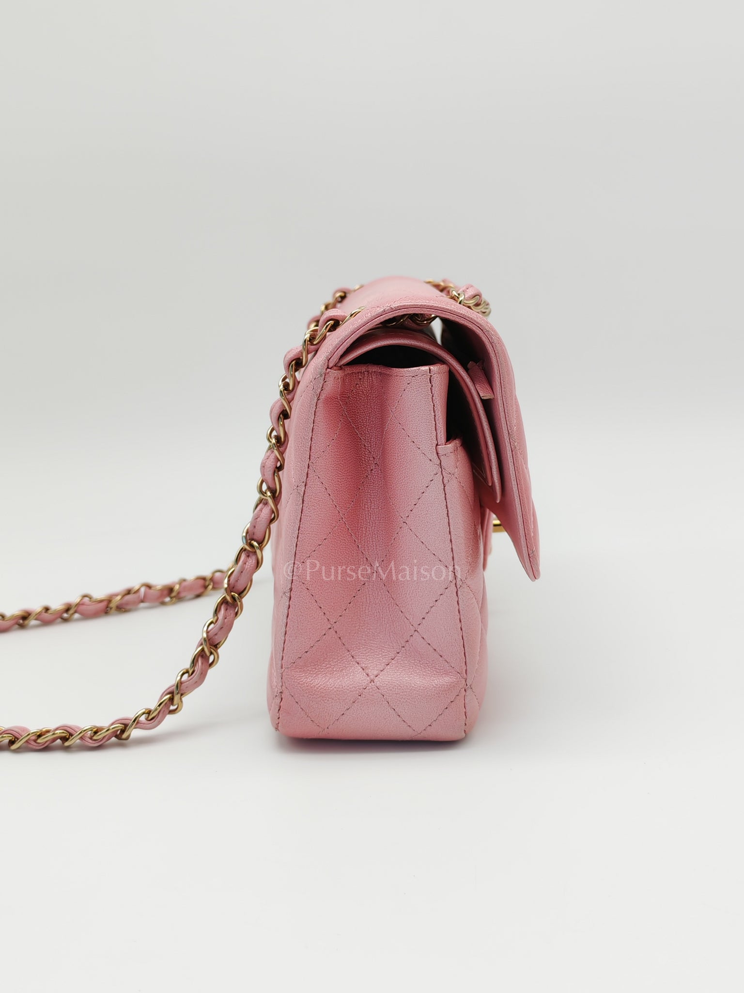Classic Double Flap in Iridescent Pink Quilted Calfskin Leather and Gold Hardware (Microchip) | Purse Maison Luxury Bags Shop