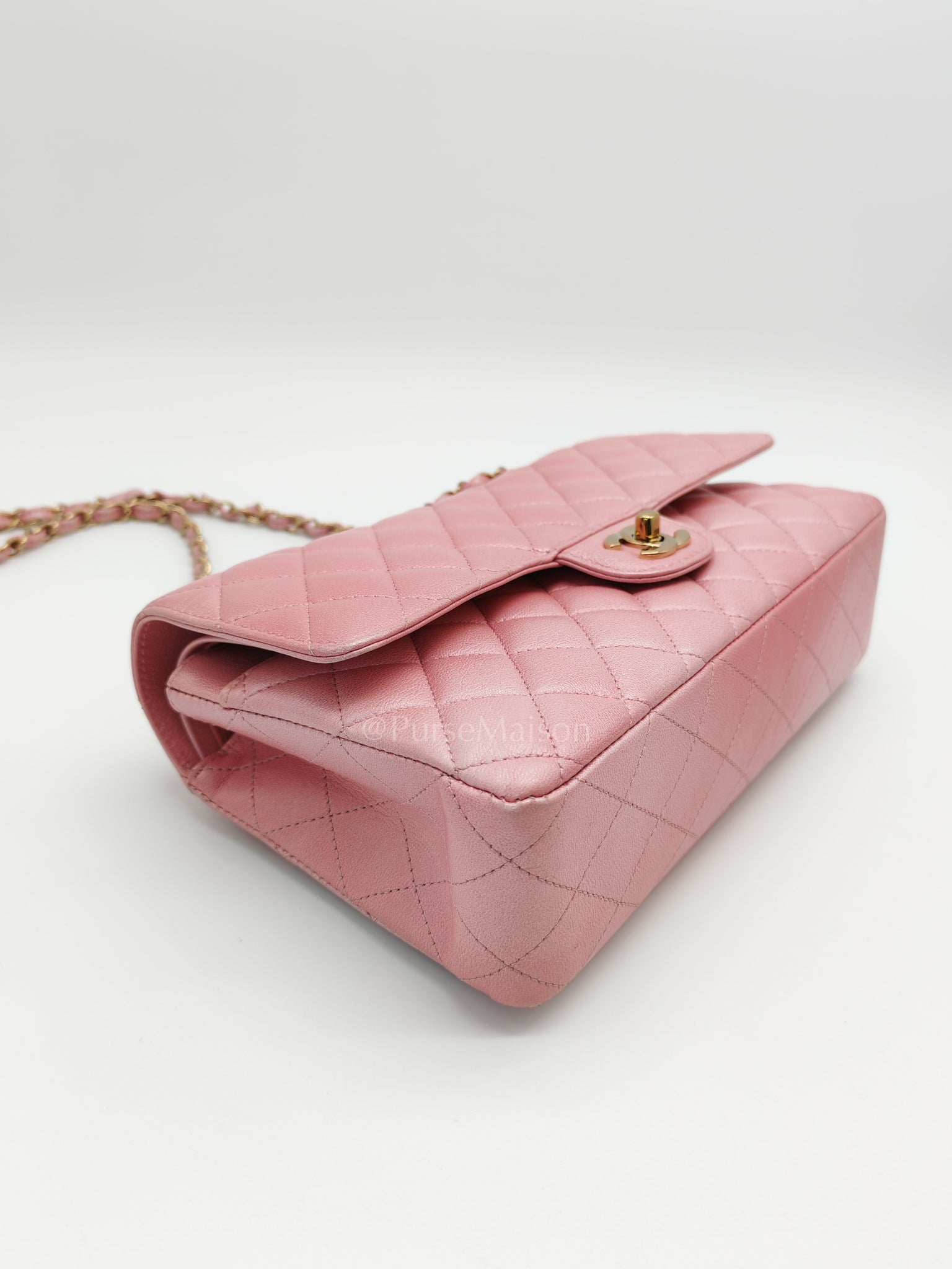 Classic Double Flap in Iridescent Pink Quilted Calfskin Leather and Gold Hardware (Microchip) | Purse Maison Luxury Bags Shop