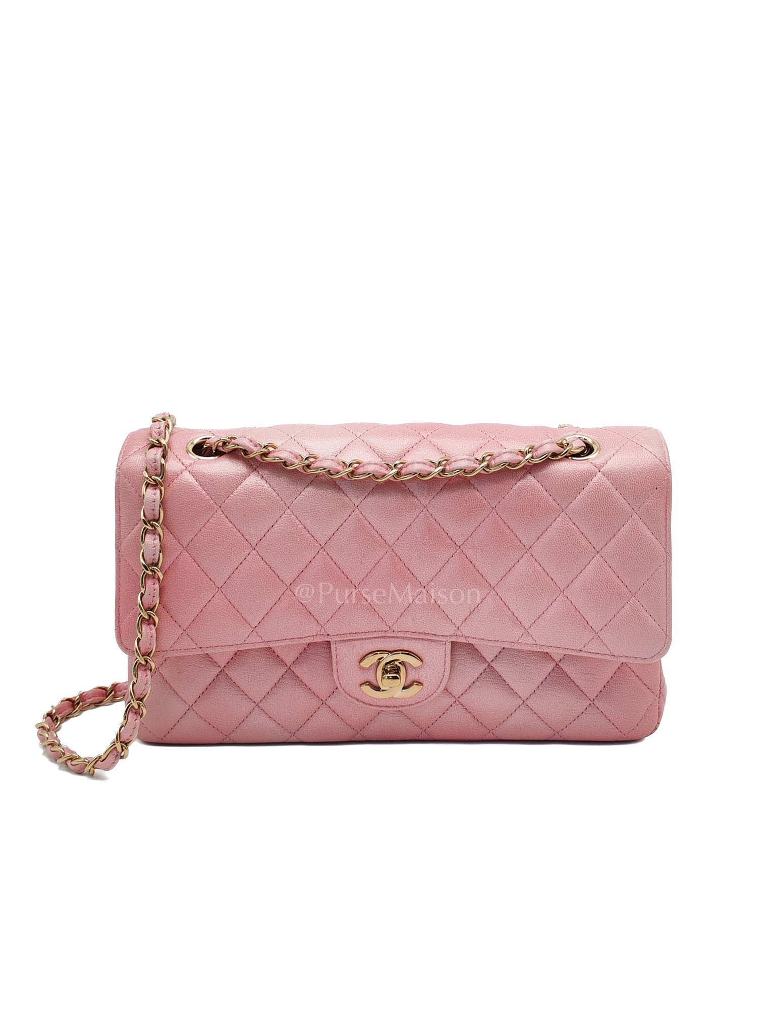Classic Double Flap in Iridescent Pink Quilted Calfskin Leather and Gold Hardware (Microchip) | Purse Maison Luxury Bags Shop