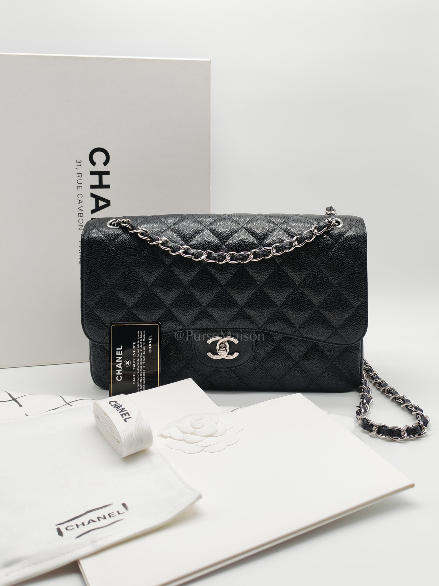 Classic Double Flap in Jumbo Black Caviar Leather and Silver Hardware Series 28 | Purse Maison Luxury Bags Shop
