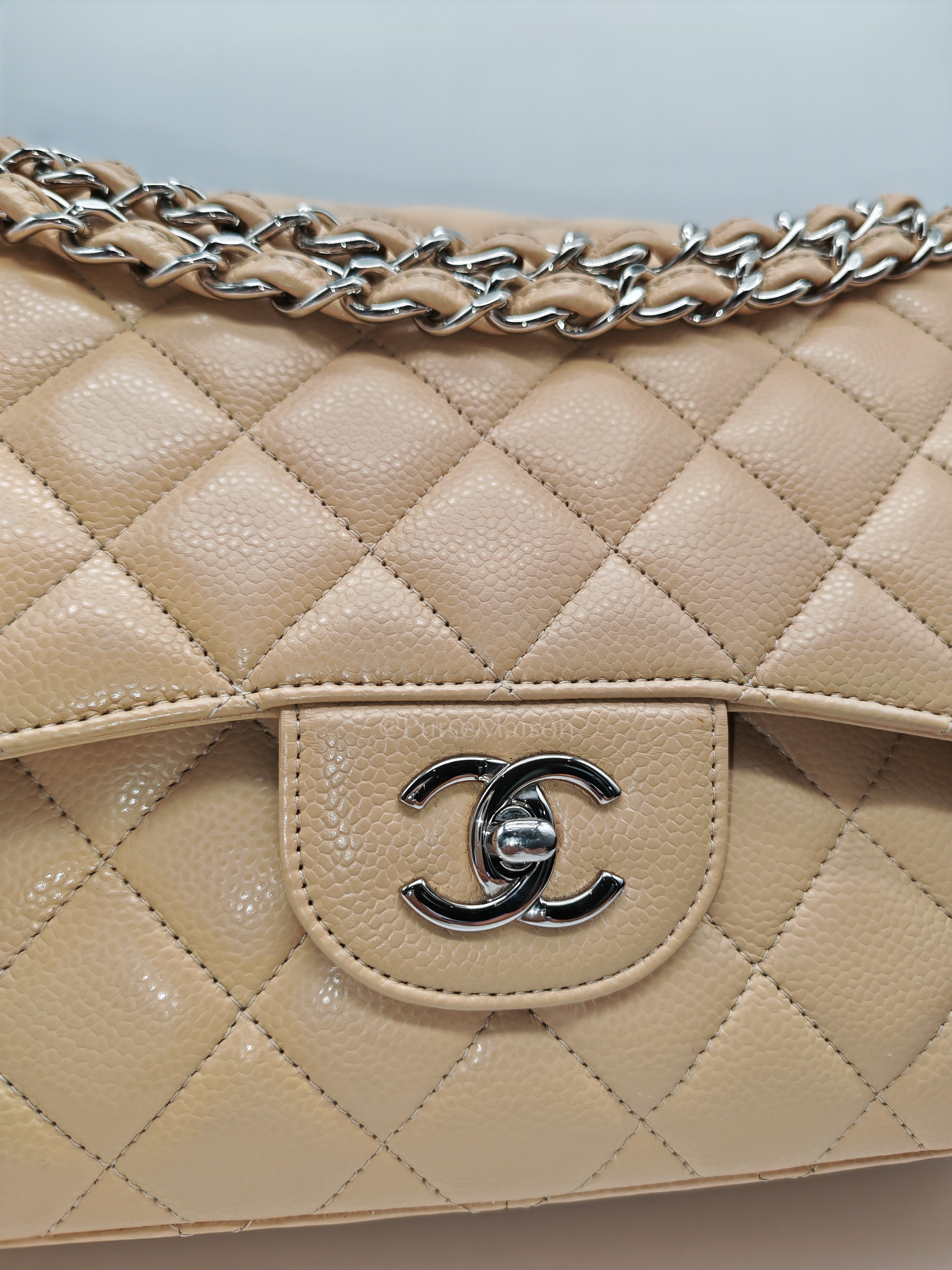 Classic Double Flap Jumbo Beige Caviar Leather in Silver Hardware (Series 30) | Purse Maison Luxury Bags Shop