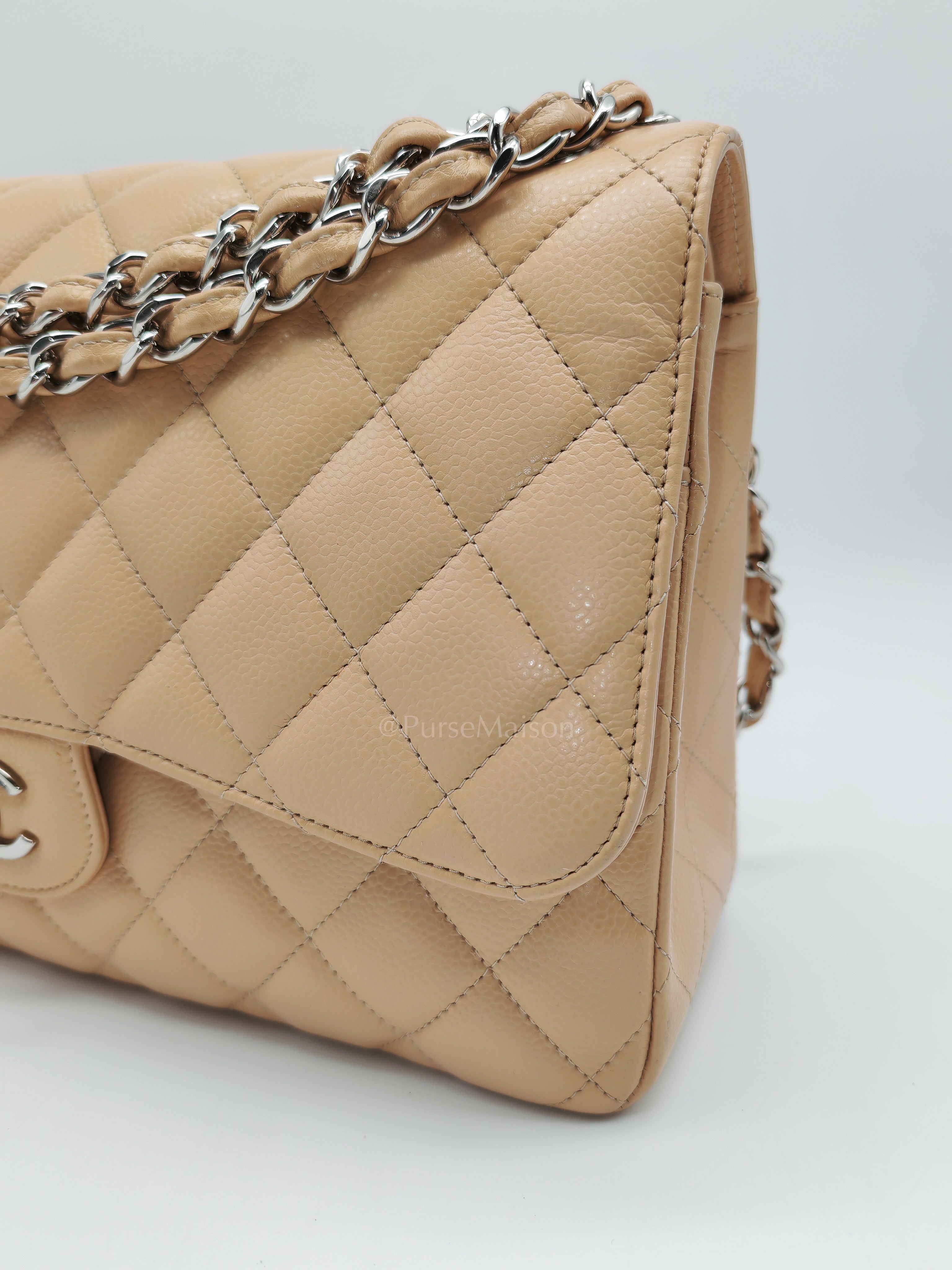 Classic Double Flap Jumbo Beige Caviar Leather in Silver Hardware (Series 30) | Purse Maison Luxury Bags Shop