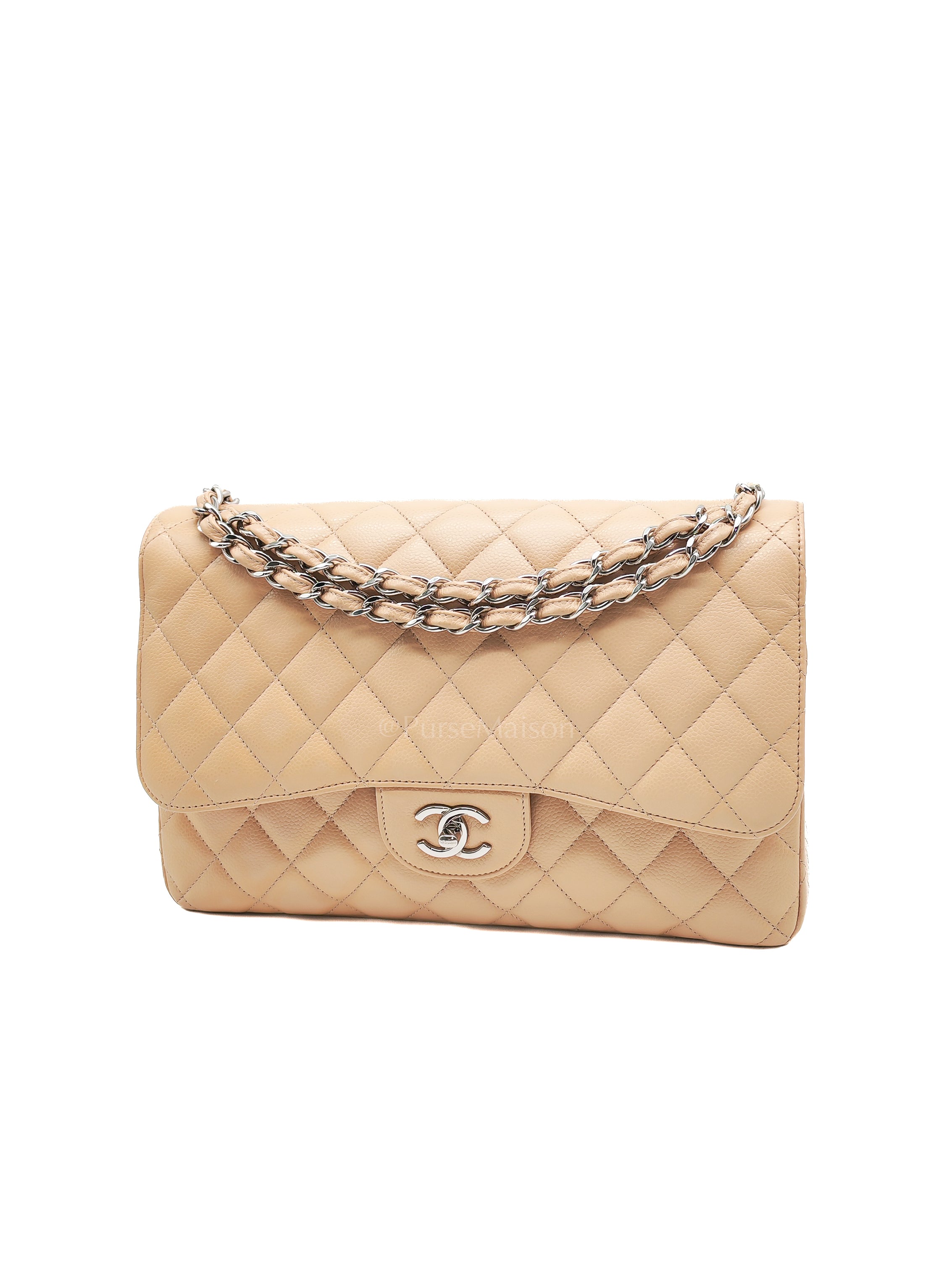 Classic Double Flap Jumbo Beige Caviar Leather in Silver Hardware (Series 30) | Purse Maison Luxury Bags Shop