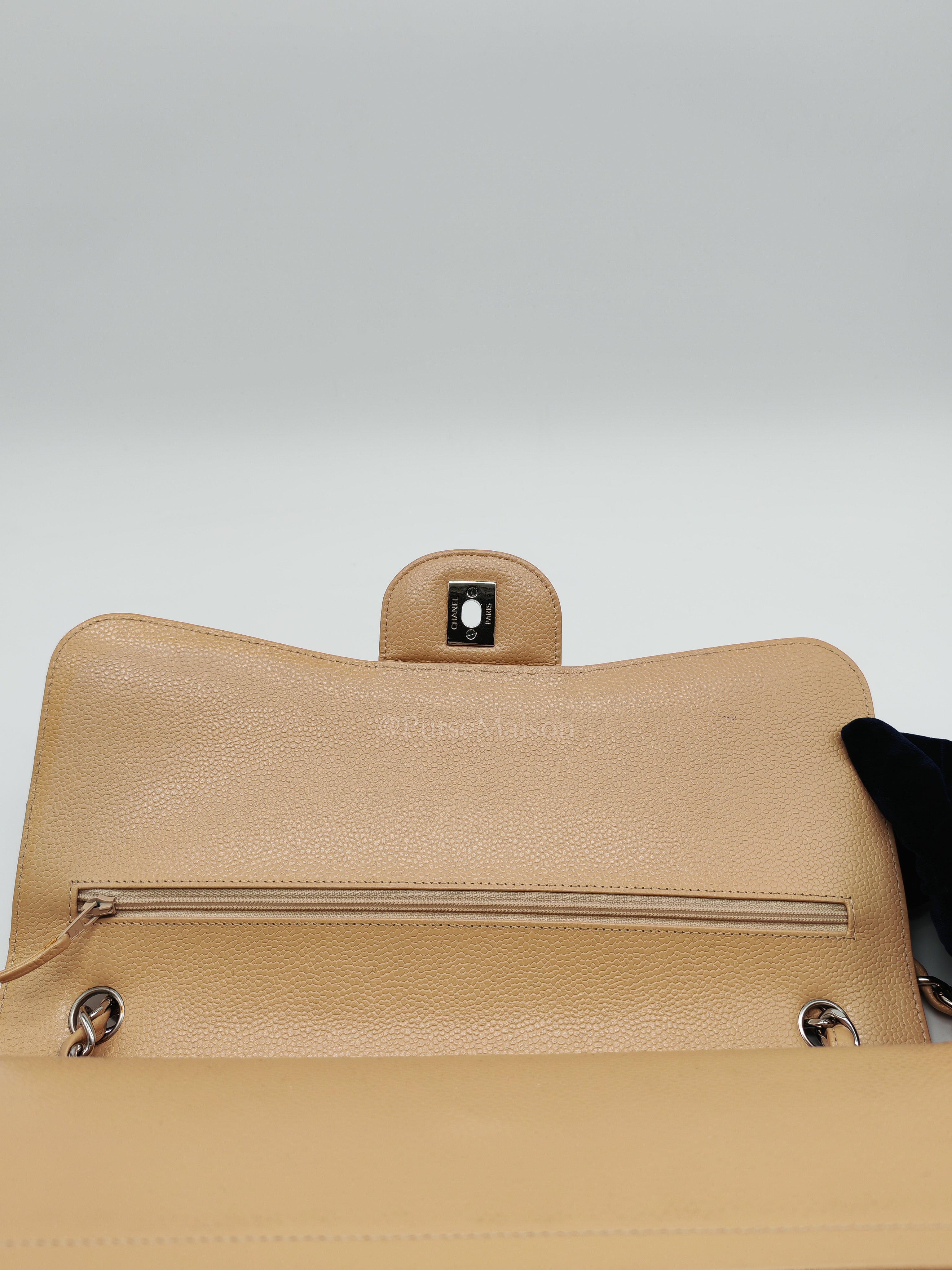 Classic Double Flap Jumbo Beige Caviar Leather in Silver Hardware (Series 30) | Purse Maison Luxury Bags Shop