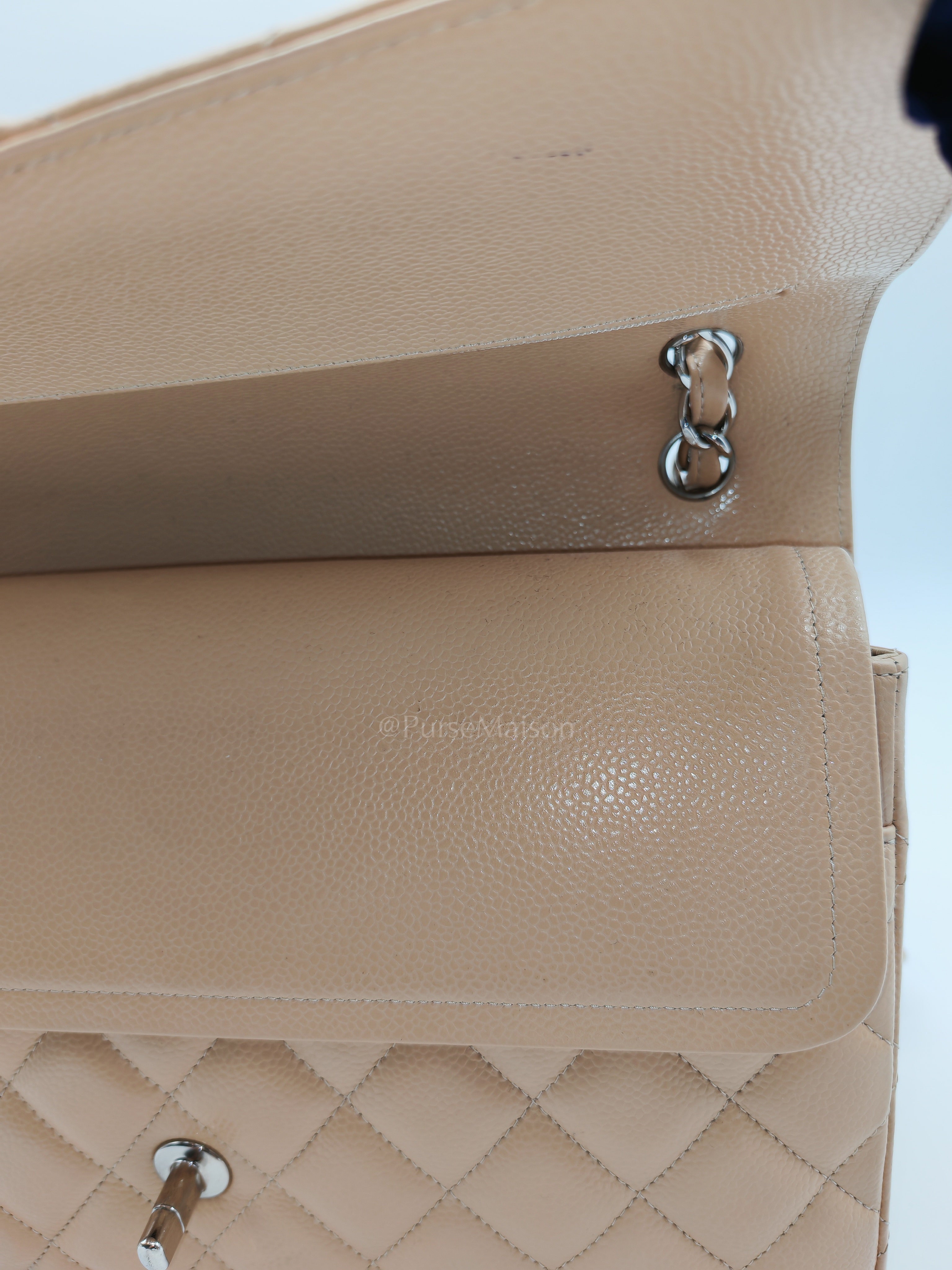 Classic Double Flap Jumbo Beige Caviar Leather in Silver Hardware (Series 30) | Purse Maison Luxury Bags Shop