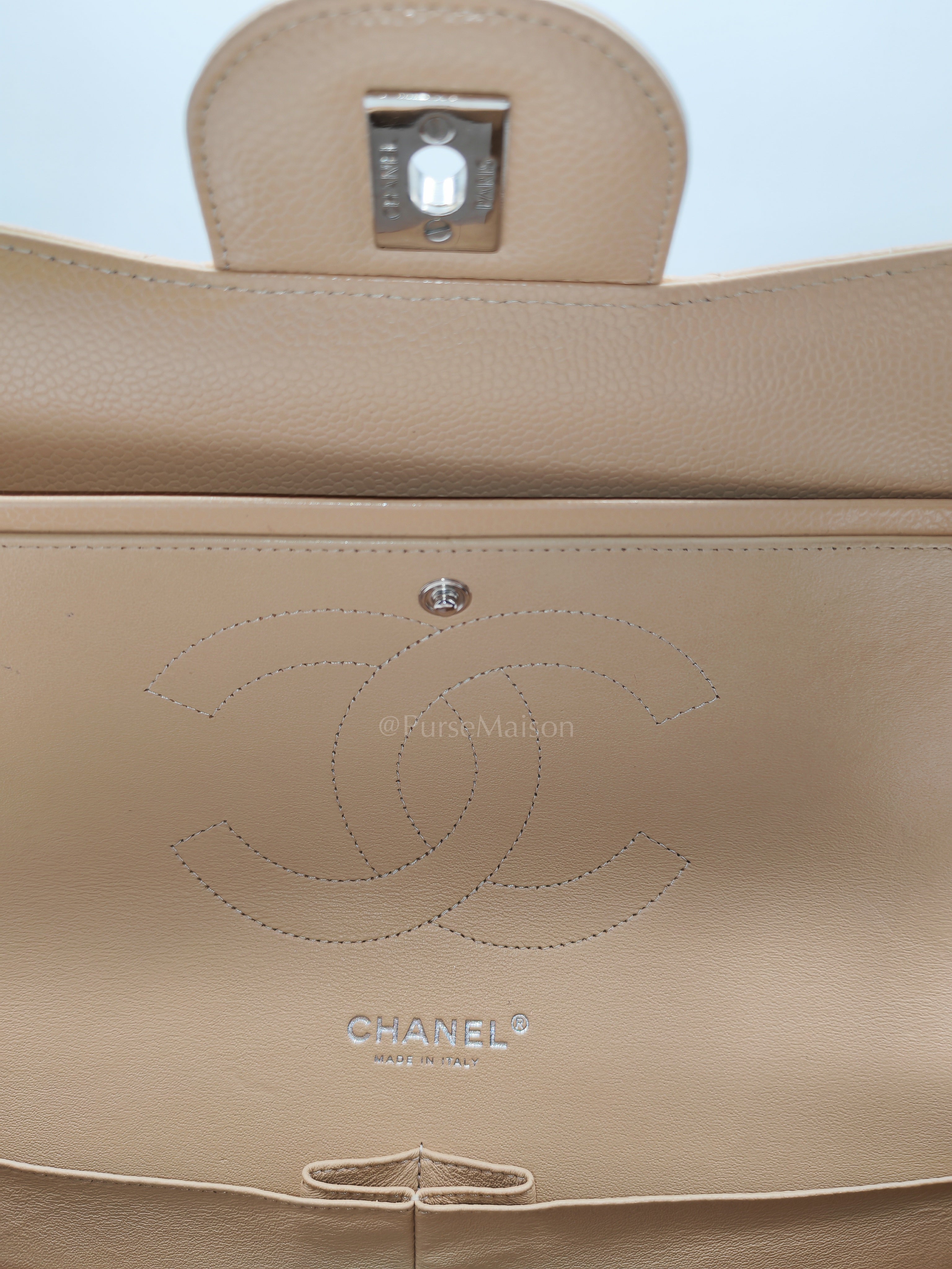 Classic Double Flap Jumbo Beige Caviar Leather in Silver Hardware (Series 30) | Purse Maison Luxury Bags Shop