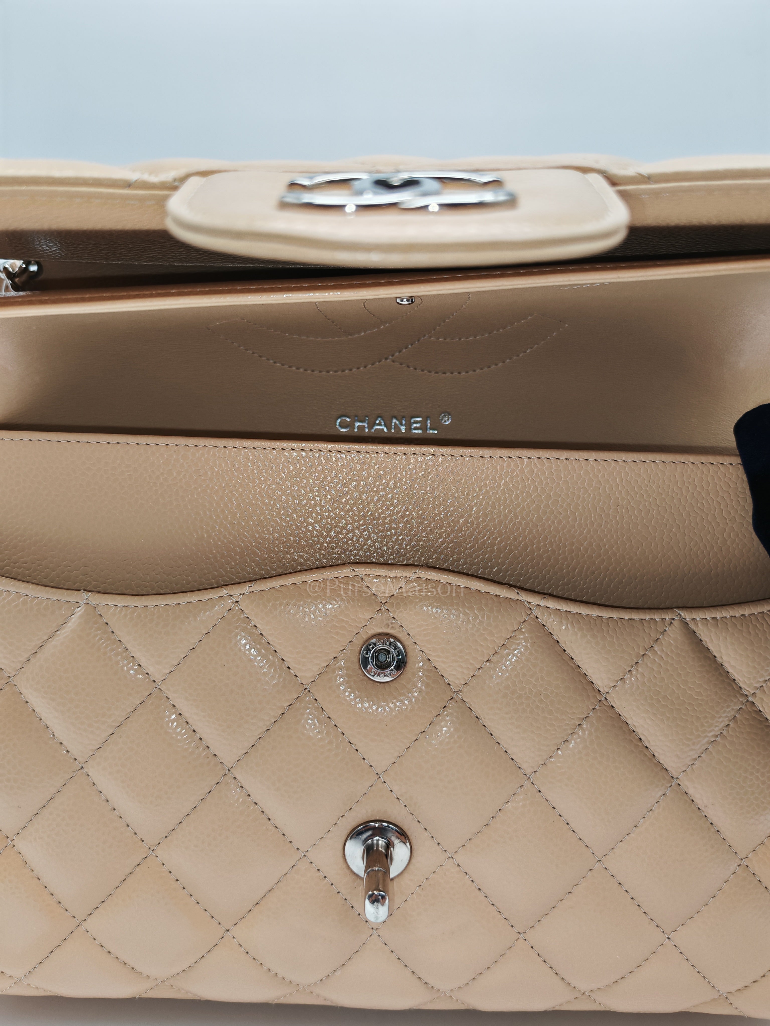 Classic Double Flap Jumbo Beige Caviar Leather in Silver Hardware (Series 30) | Purse Maison Luxury Bags Shop