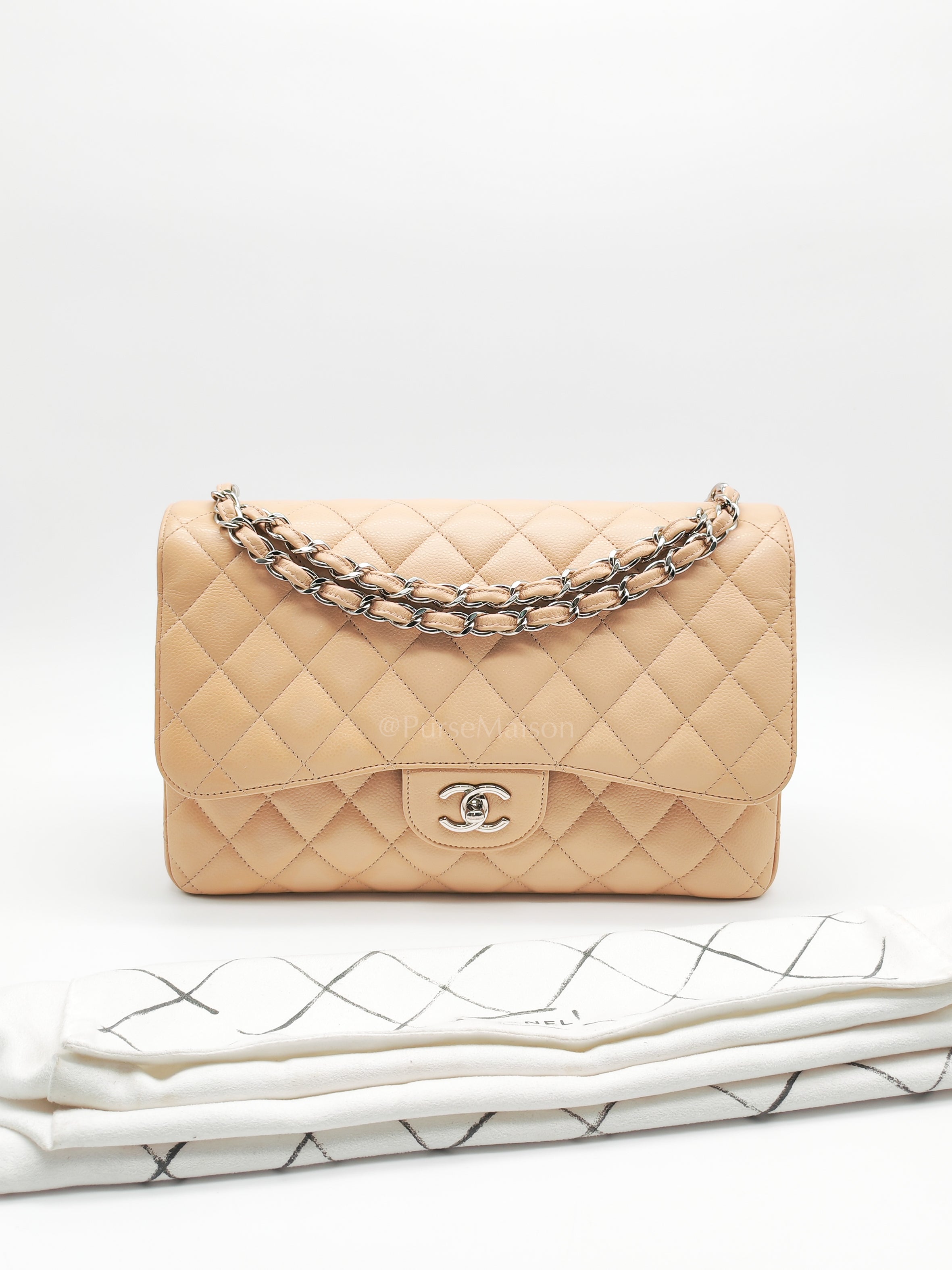 Classic Double Flap Jumbo Beige Caviar Leather in Silver Hardware (Series 30) | Purse Maison Luxury Bags Shop