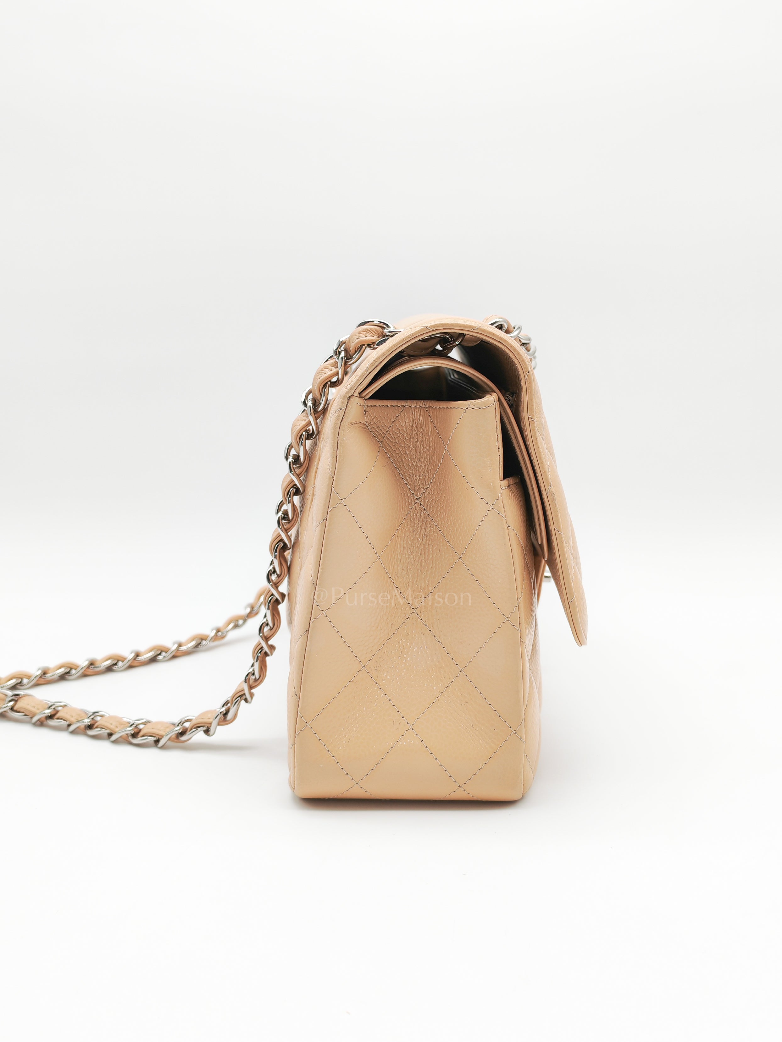 Classic Double Flap Jumbo Beige Caviar Leather in Silver Hardware (Series 30) | Purse Maison Luxury Bags Shop