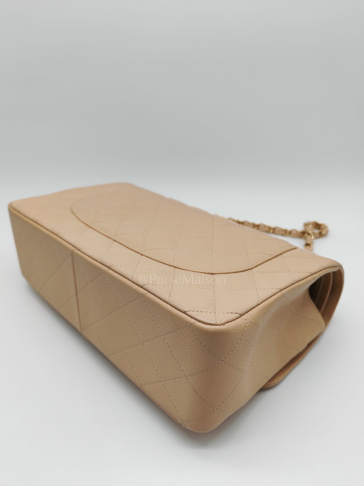 Classic Double Flap Jumbo Beige Caviar Leather on Gold Hardware (Series 19) | Purse Maison Luxury Bags Shop