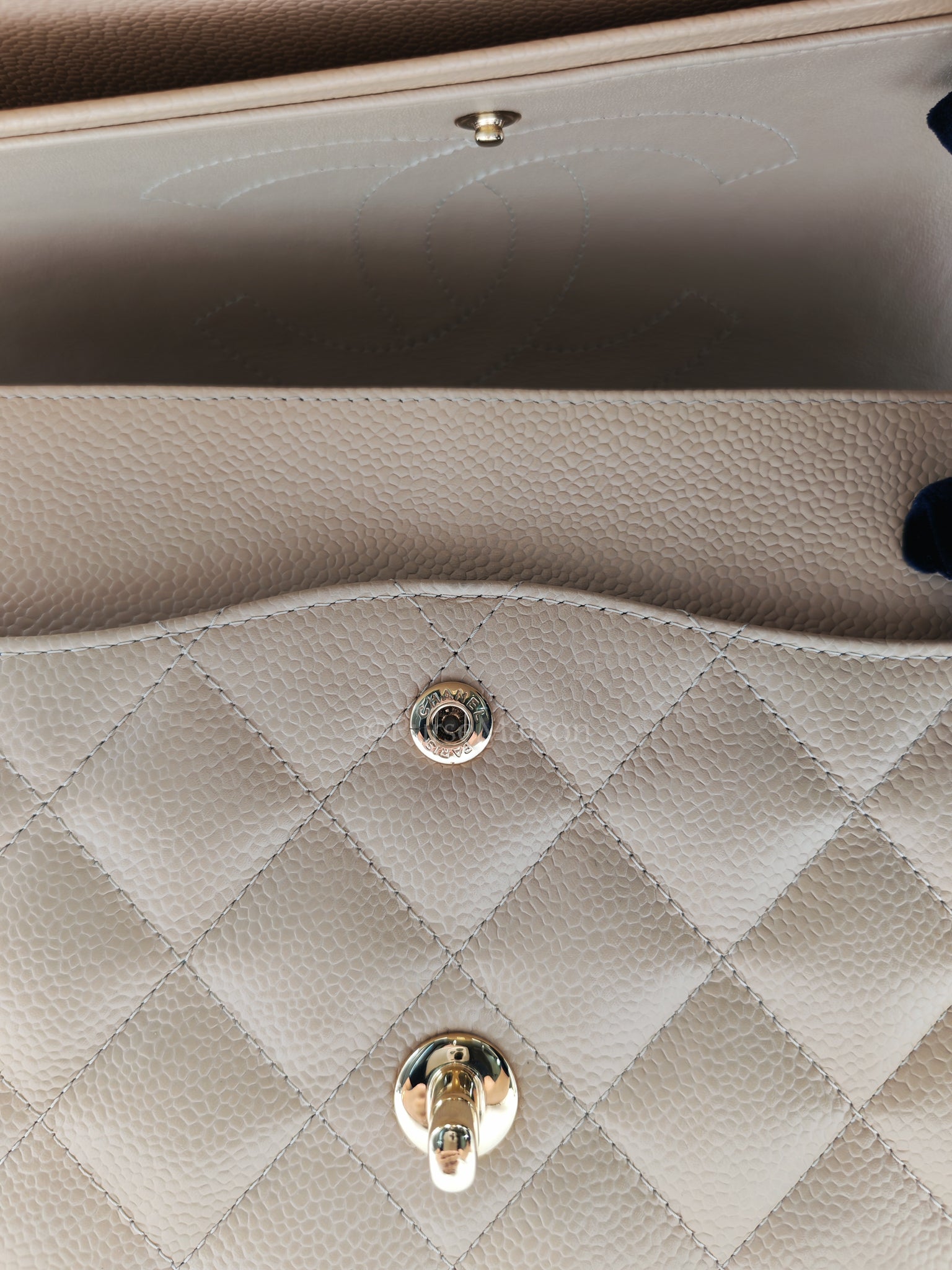 Classic Double Flap Jumbo Beige Caviar Leather on Gold Hardware (Series 19) | Purse Maison Luxury Bags Shop