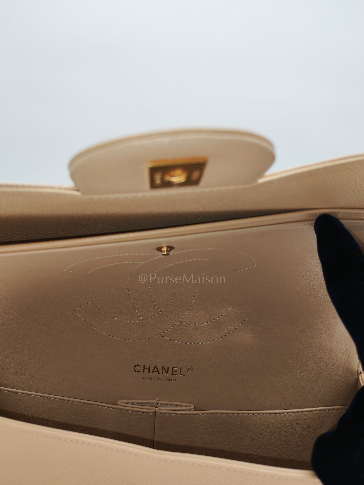 Classic Double Flap Jumbo Beige Caviar Leather on Gold Hardware (Series 19) | Purse Maison Luxury Bags Shop