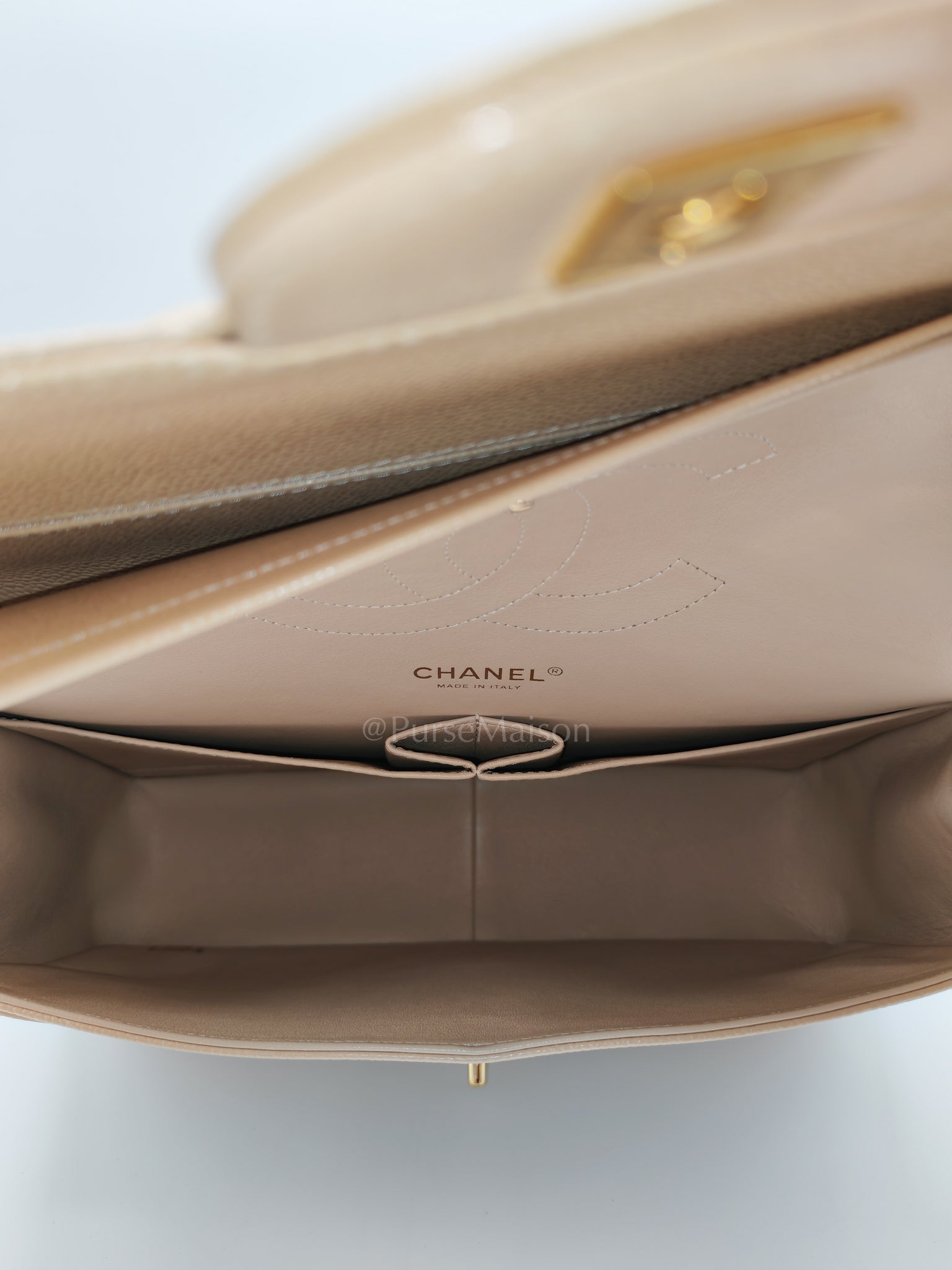 Classic Double Flap Jumbo Beige Caviar Leather on Gold Hardware (Series 19) | Purse Maison Luxury Bags Shop