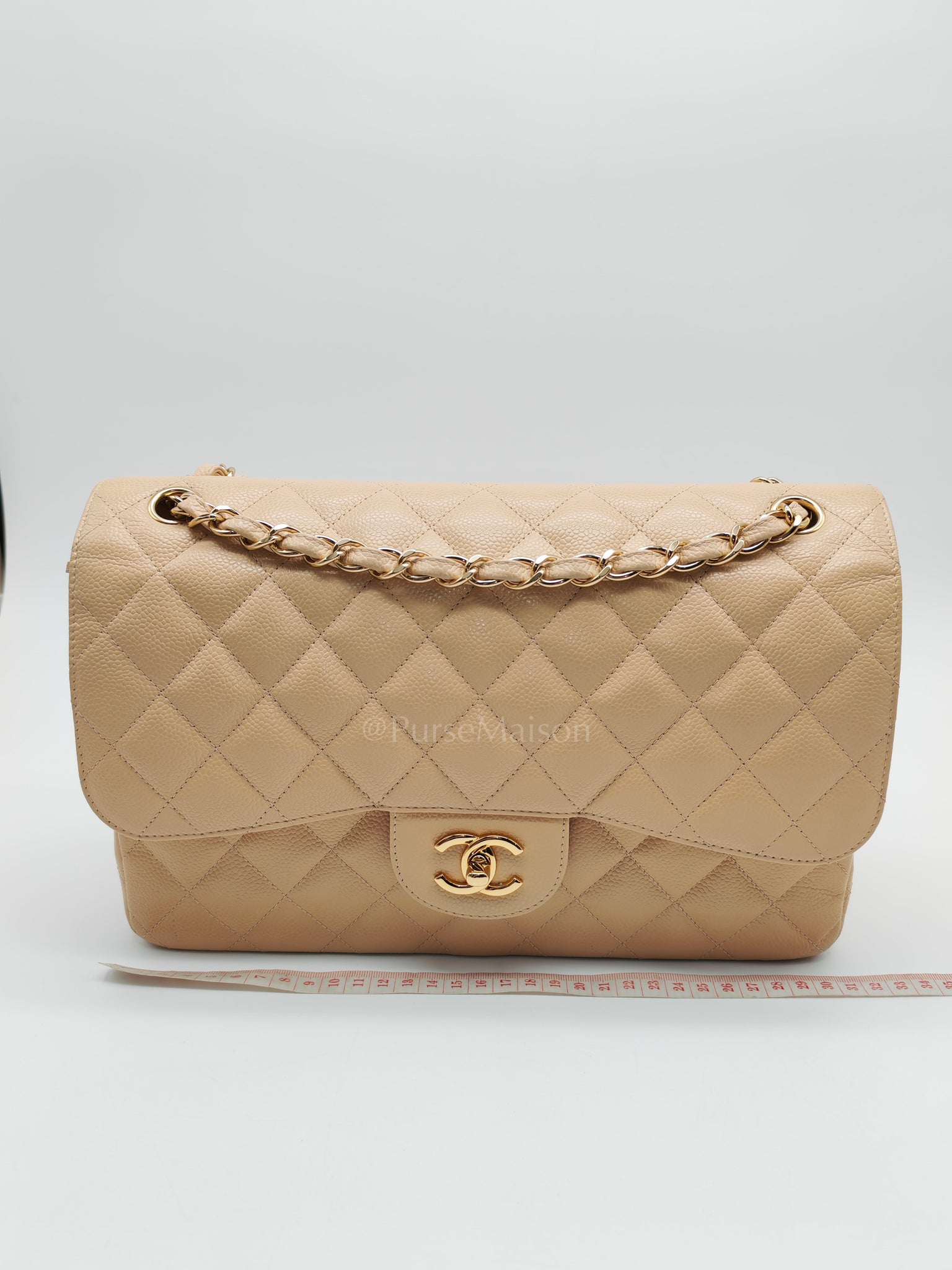 Classic Double Flap Jumbo Beige Caviar Leather on Gold Hardware (Series 19) | Purse Maison Luxury Bags Shop