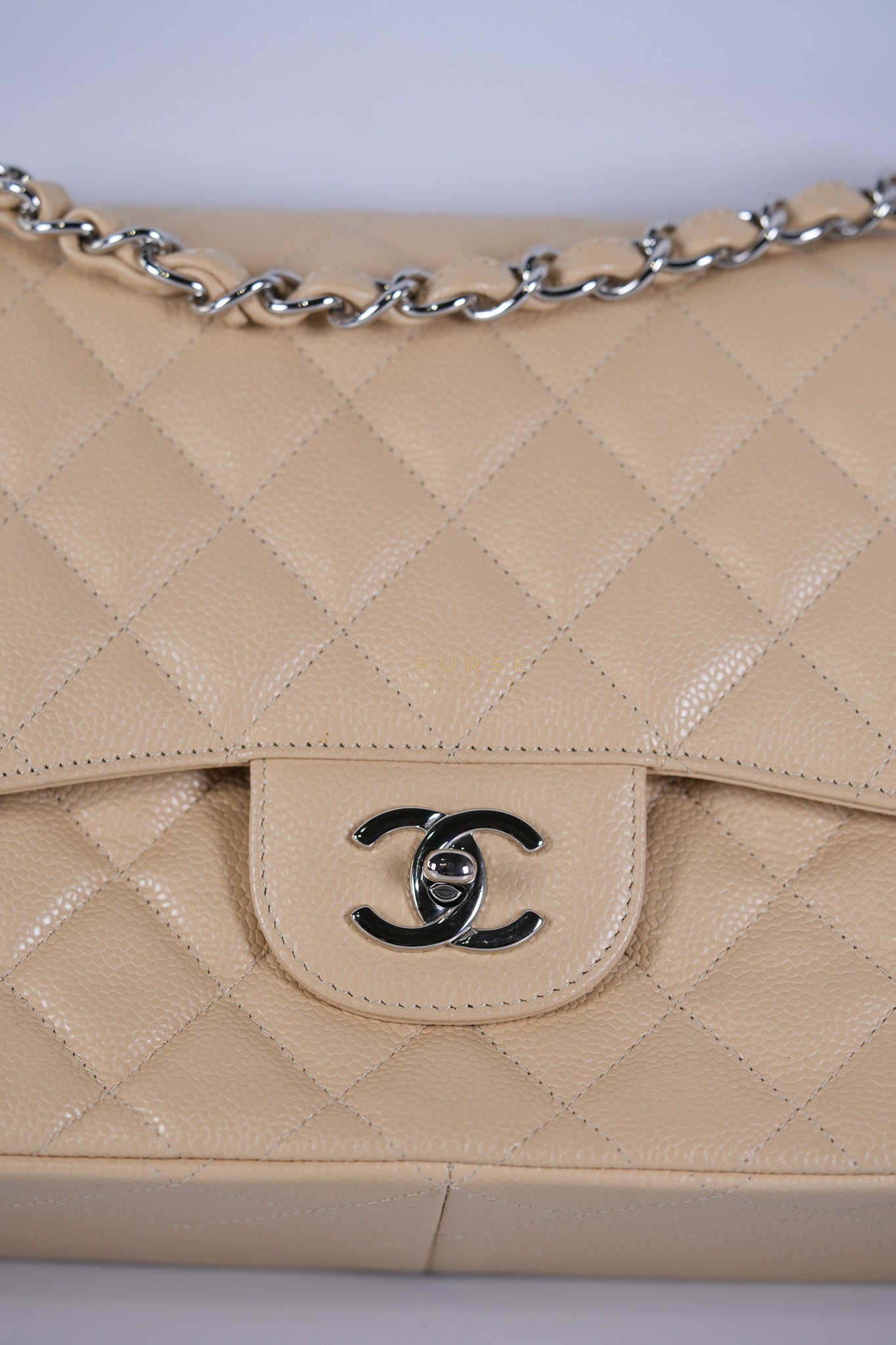 Classic Double Flap Jumbo Beige Clair Caviar Leather Silver Hardware (Series 17) | Purse Maison Luxury Bags Shop