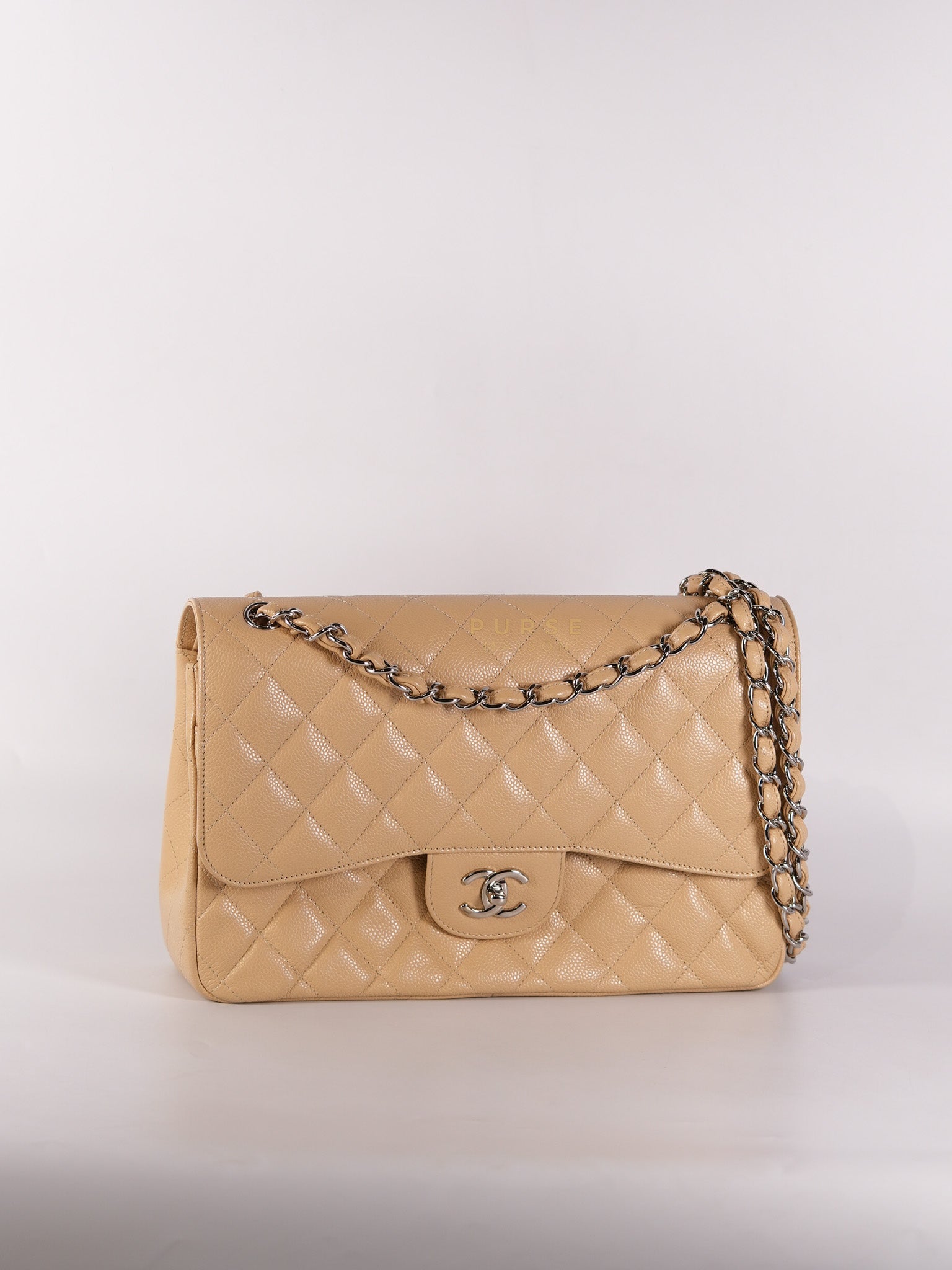 Classic Double Flap Jumbo Beige Clair Caviar Leather Silver Hardware (Series 17) | Purse Maison Luxury Bags Shop
