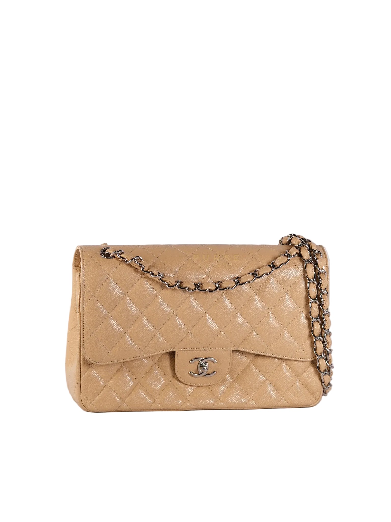 Classic Double Flap Jumbo Beige Clair Caviar Leather Silver Hardware (Series 17) | Purse Maison Luxury Bags Shop