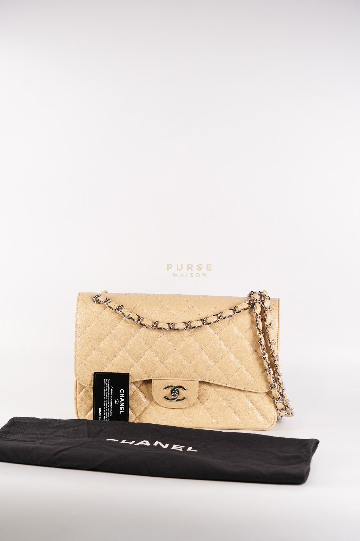 Classic Double Flap Jumbo Beige Clair Caviar Leather Silver Hardware (Series 17) | Purse Maison Luxury Bags Shop