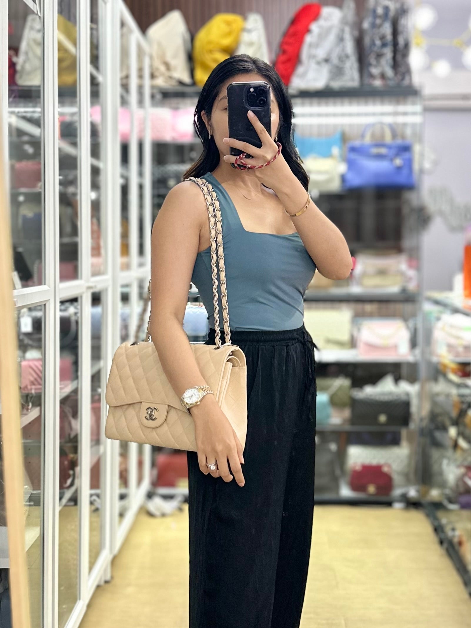 Classic Double Flap Jumbo Beige Clair Caviar Leather Silver Hardware (Series 17) | Purse Maison Luxury Bags Shop