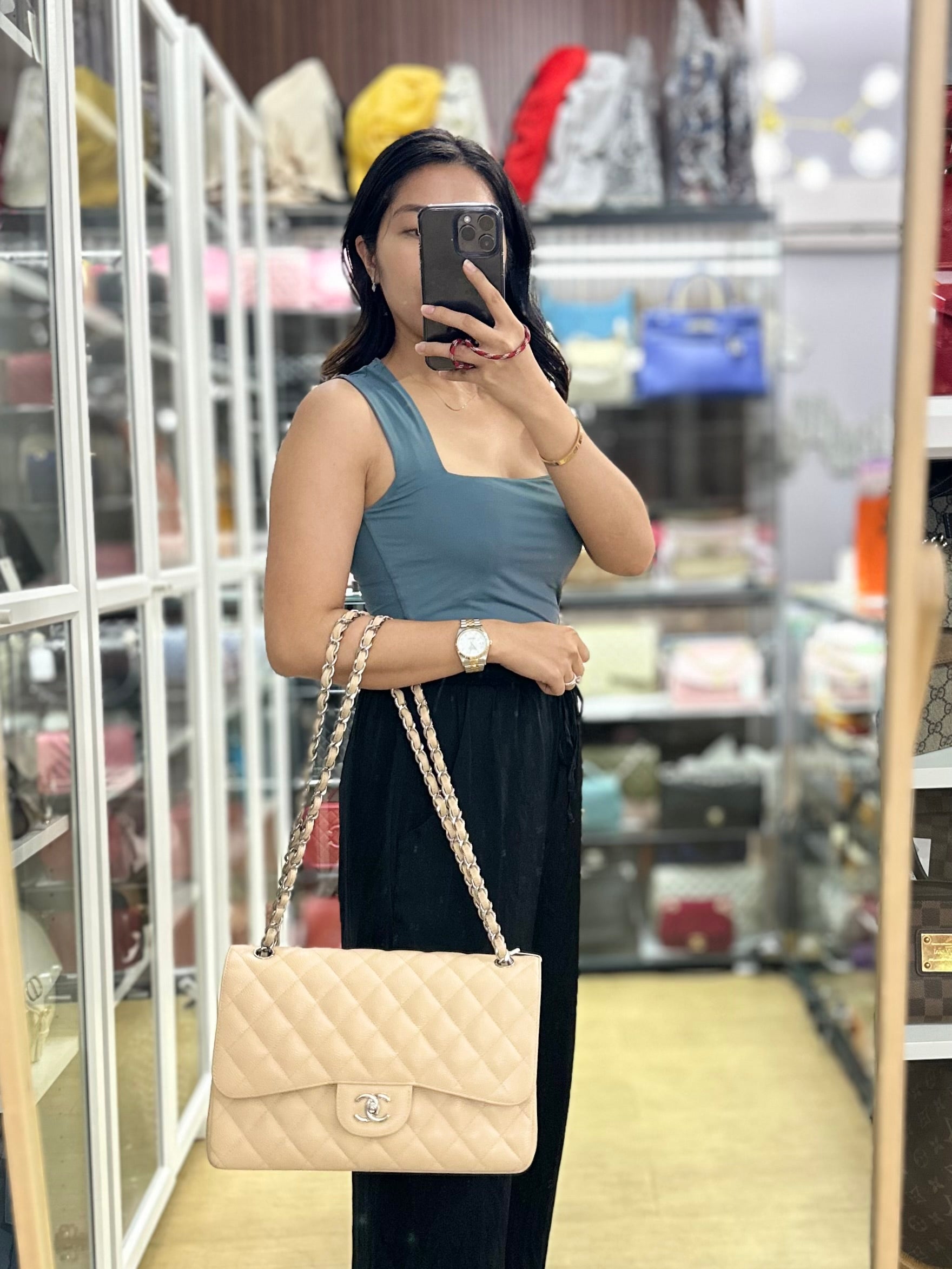 Classic Double Flap Jumbo Beige Clair Caviar Leather Silver Hardware (Series 17) | Purse Maison Luxury Bags Shop