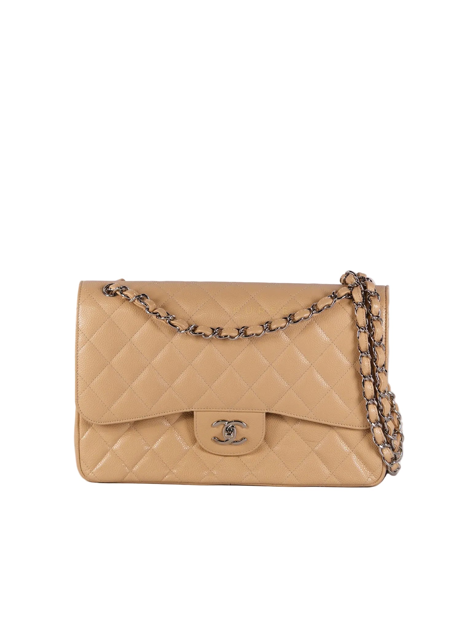 Classic Double Flap Jumbo Beige Clair Caviar Leather Silver Hardware (Series 17) | Purse Maison Luxury Bags Shop