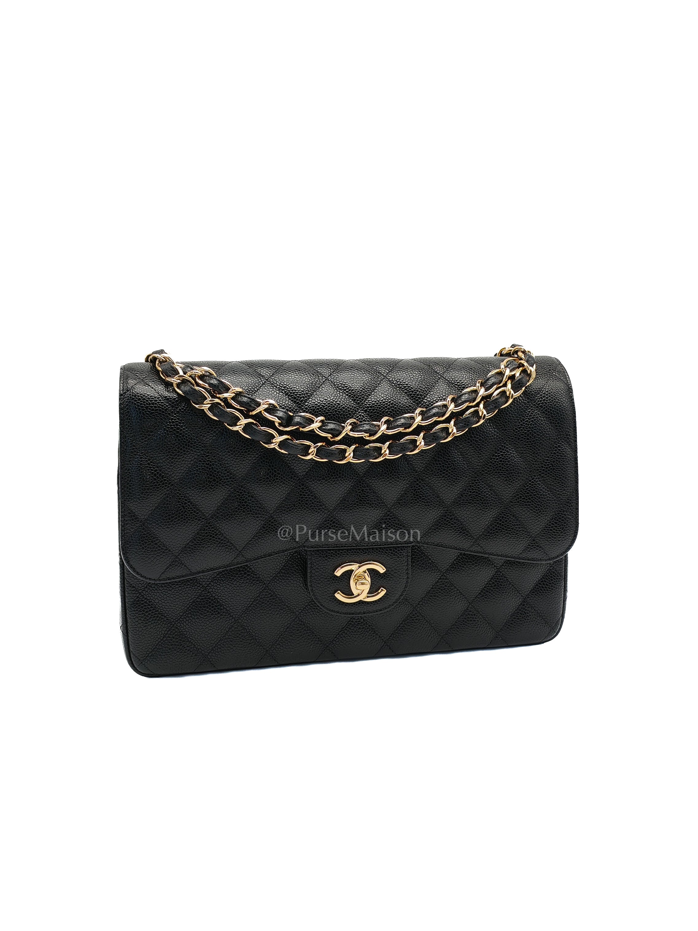 Classic Double Flap Jumbo Black Caviar Leather in Gold Hardware (Series 24) | Purse Maison Luxury Bags Shop