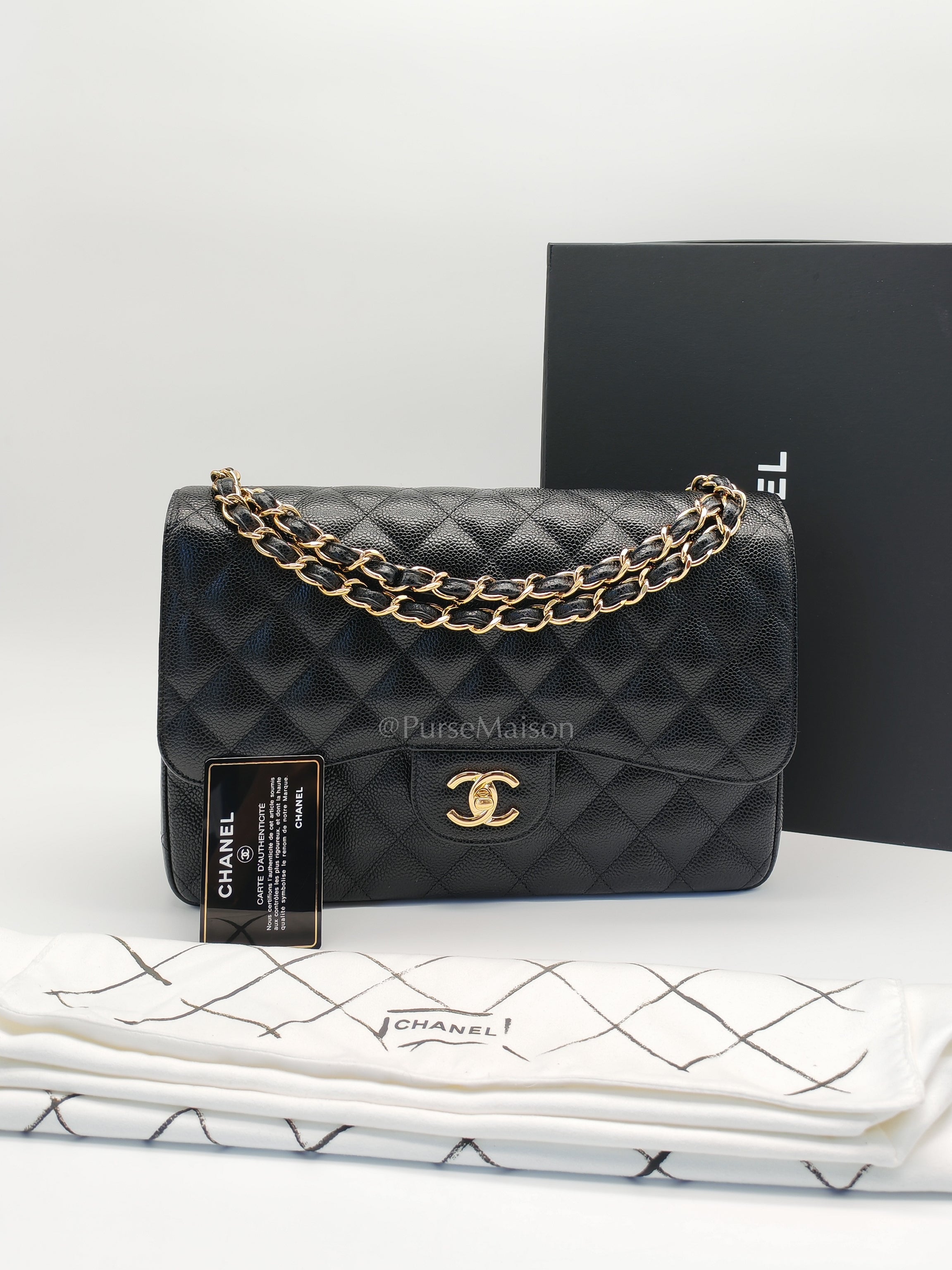 Classic Double Flap Jumbo Black Caviar Leather in Gold Hardware (Series 24) | Purse Maison Luxury Bags Shop